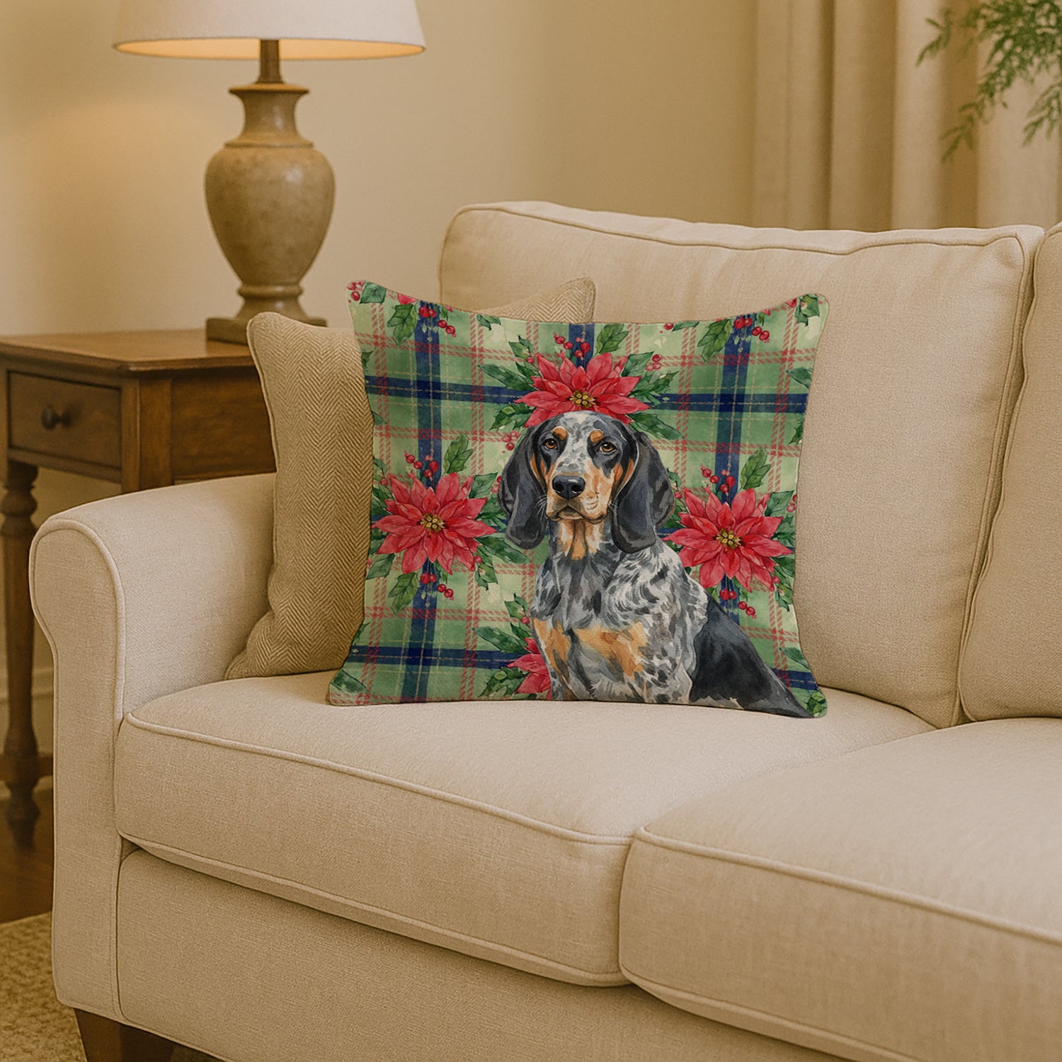 Caroline's Treasures Bluetick Coonhound Christmas PoinsettIas Throw Pillow