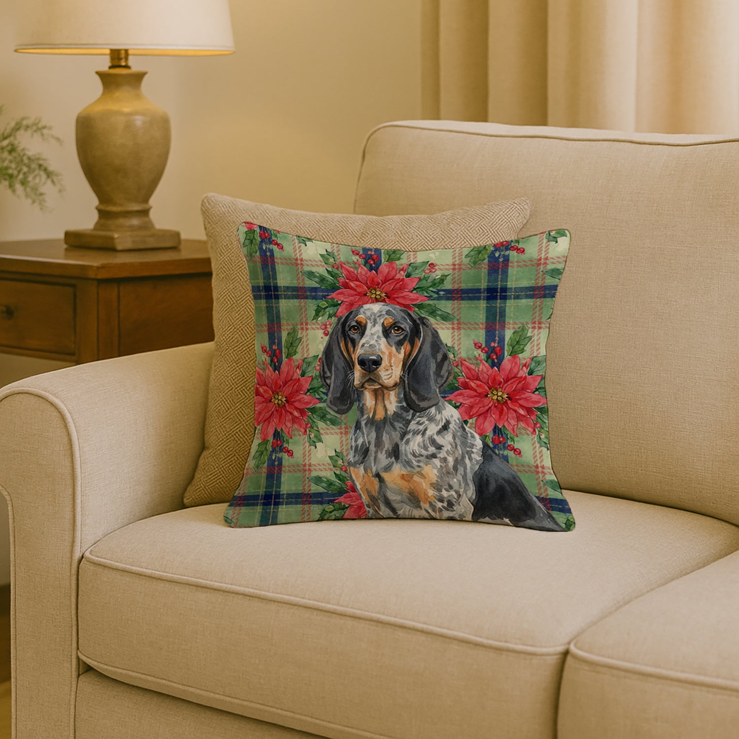 Caroline's Treasures Bluetick Coonhound Christmas PoinsettIas Throw Pillow