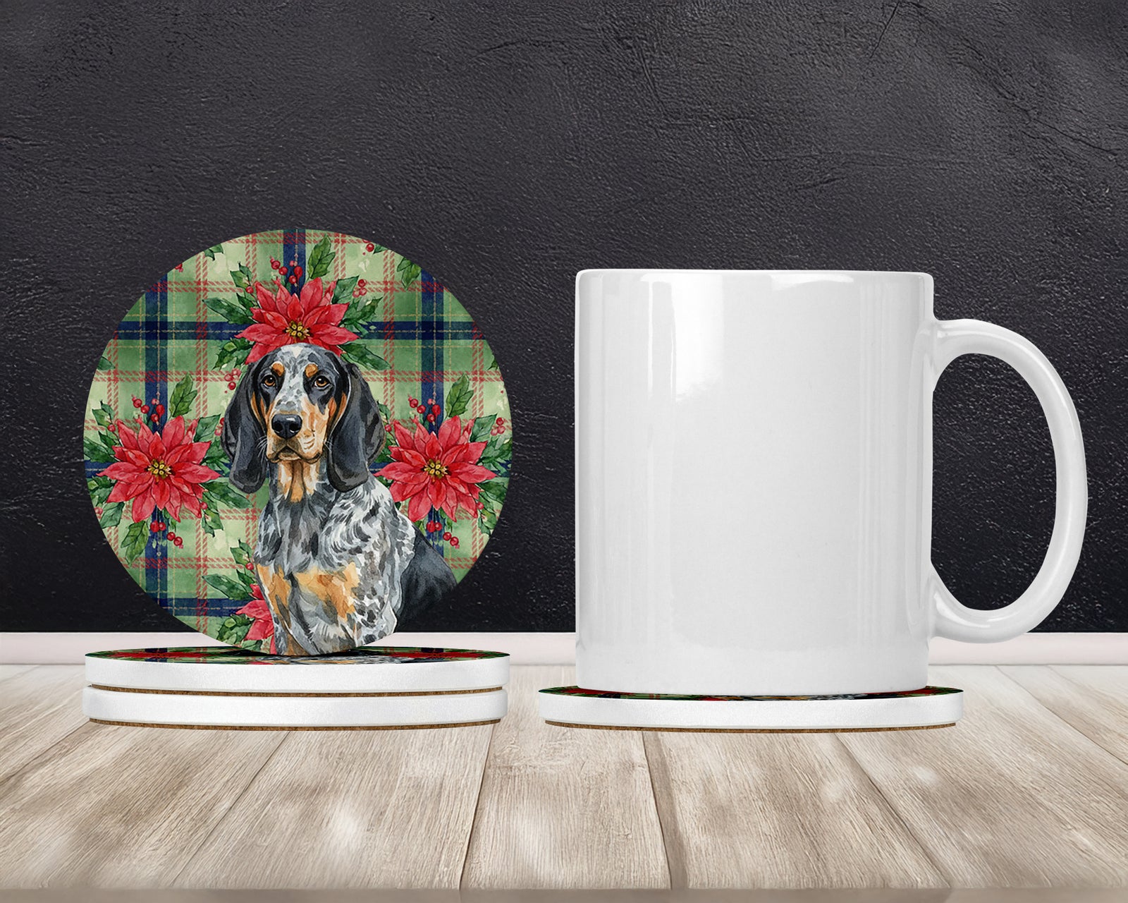 Caroline's Treasures Bluetick Coonhound Christmas PoinsettIas Large Sandstone Coasters Pack of 4