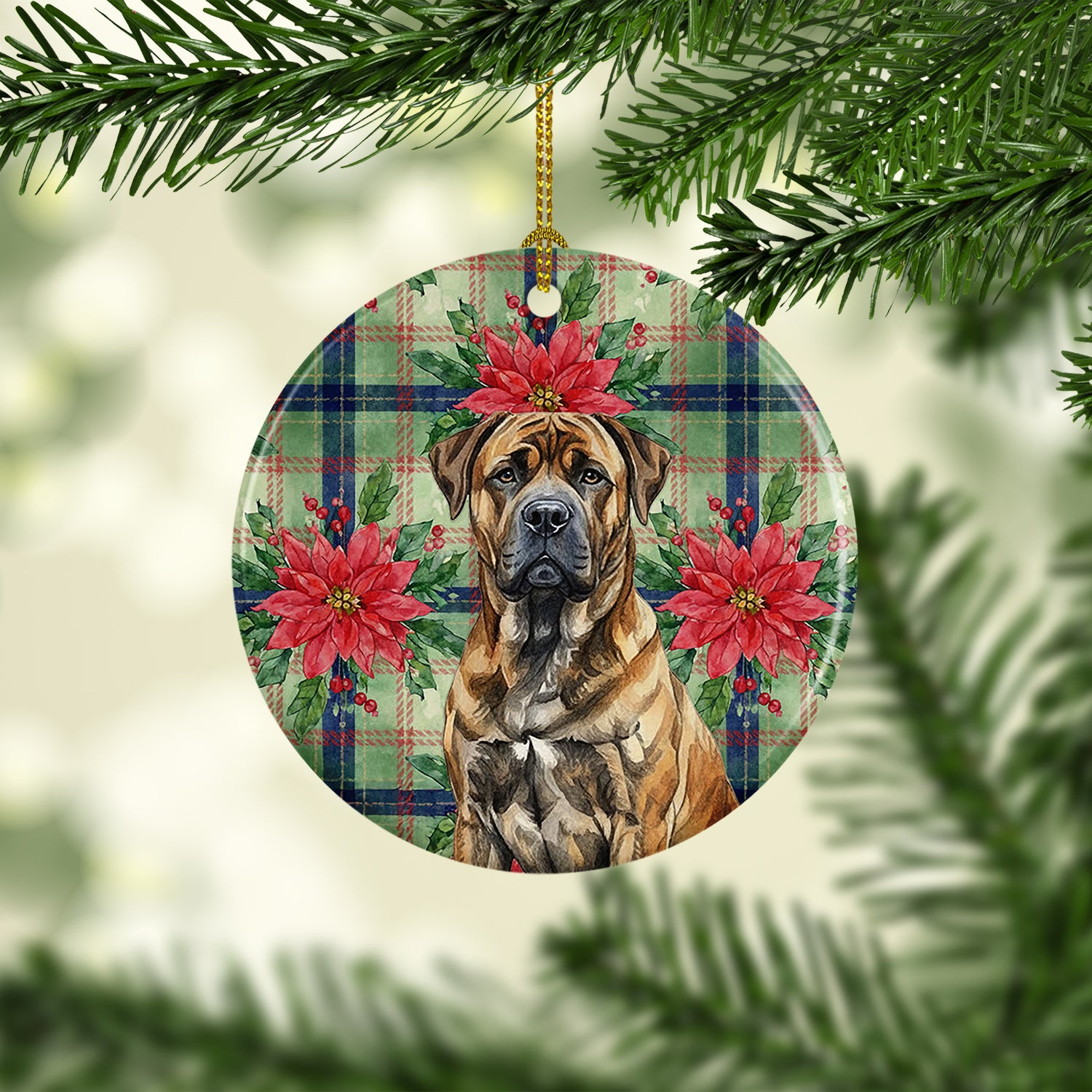 Caroline's Treasures Brindle Boerboel Christmas PoinsettIas Ceramic Ornament