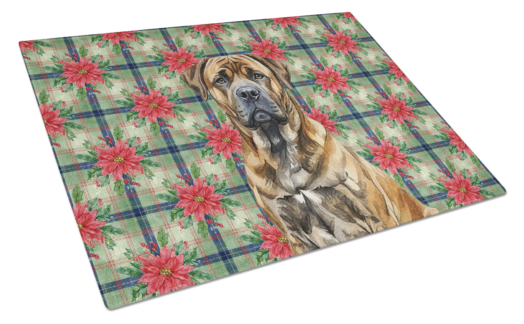 Caroline's Treasures Brindle Boerboel Christmas PoinsettIas Glass Cutting Board