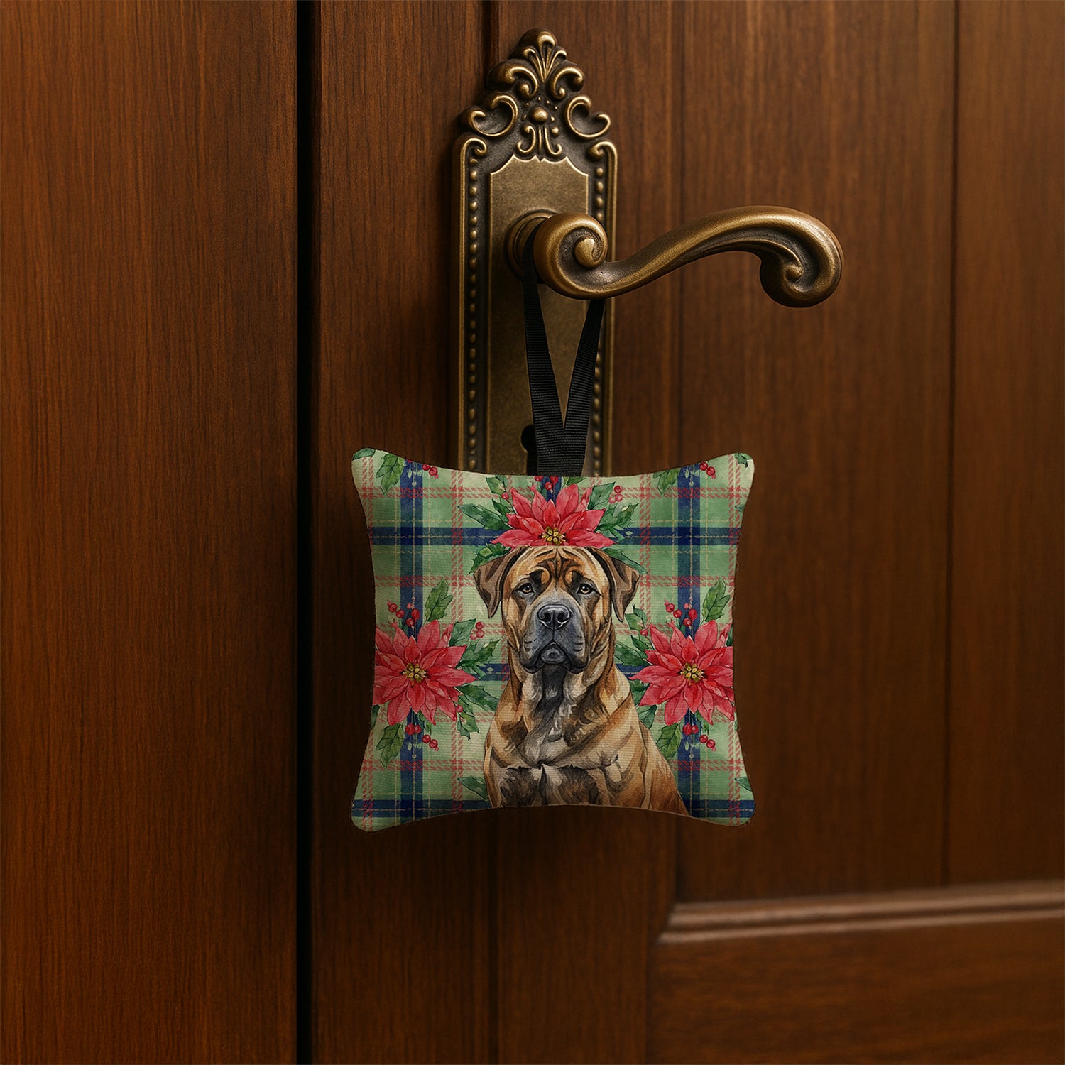 Caroline's Treasures Brindle Boerboel Christmas PoinsettIas Hanging Square Fabric Ornament 3.5 x 3.5