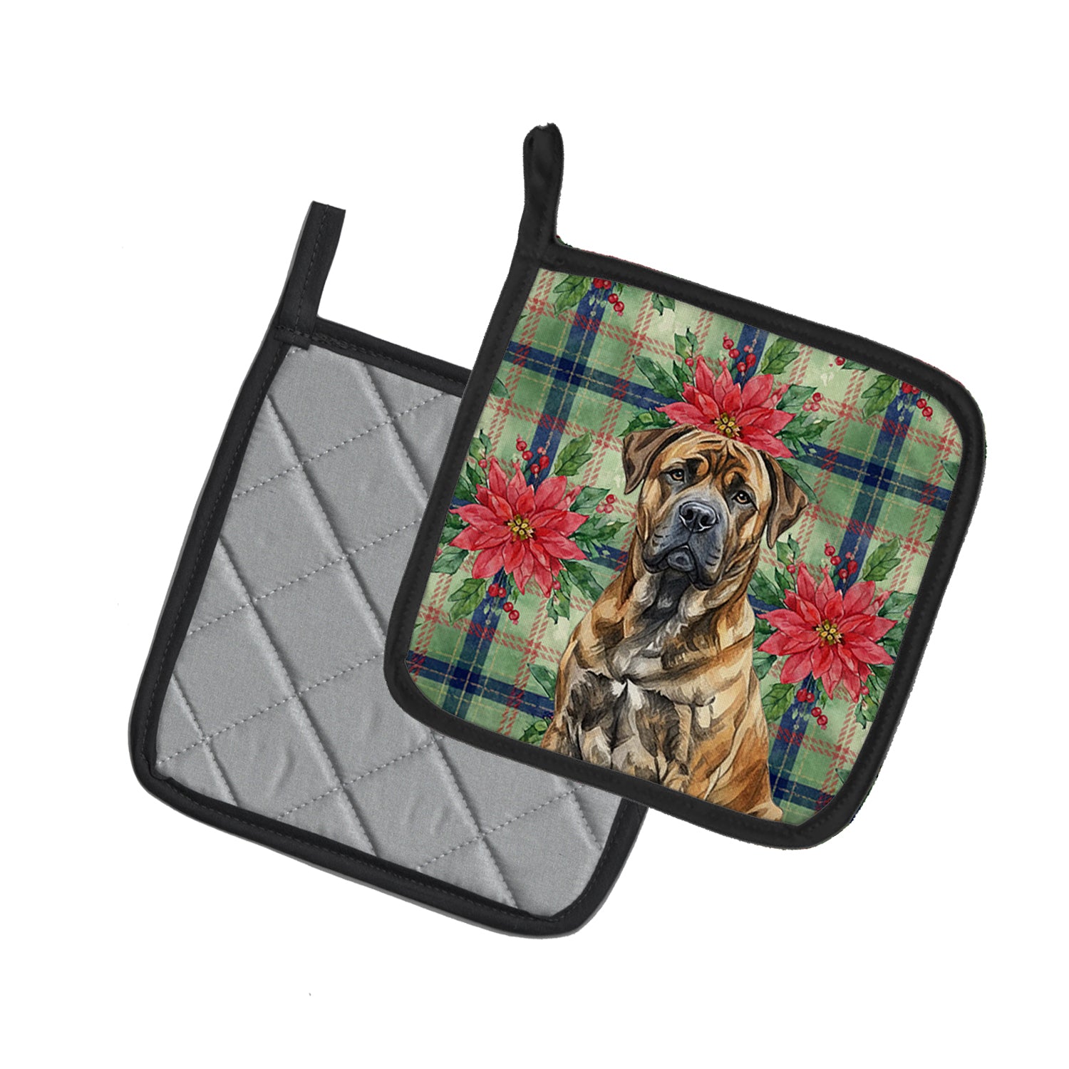 Caroline's Treasures Brindle Boerboel Christmas PoinsettIas Pair of Pot Holders