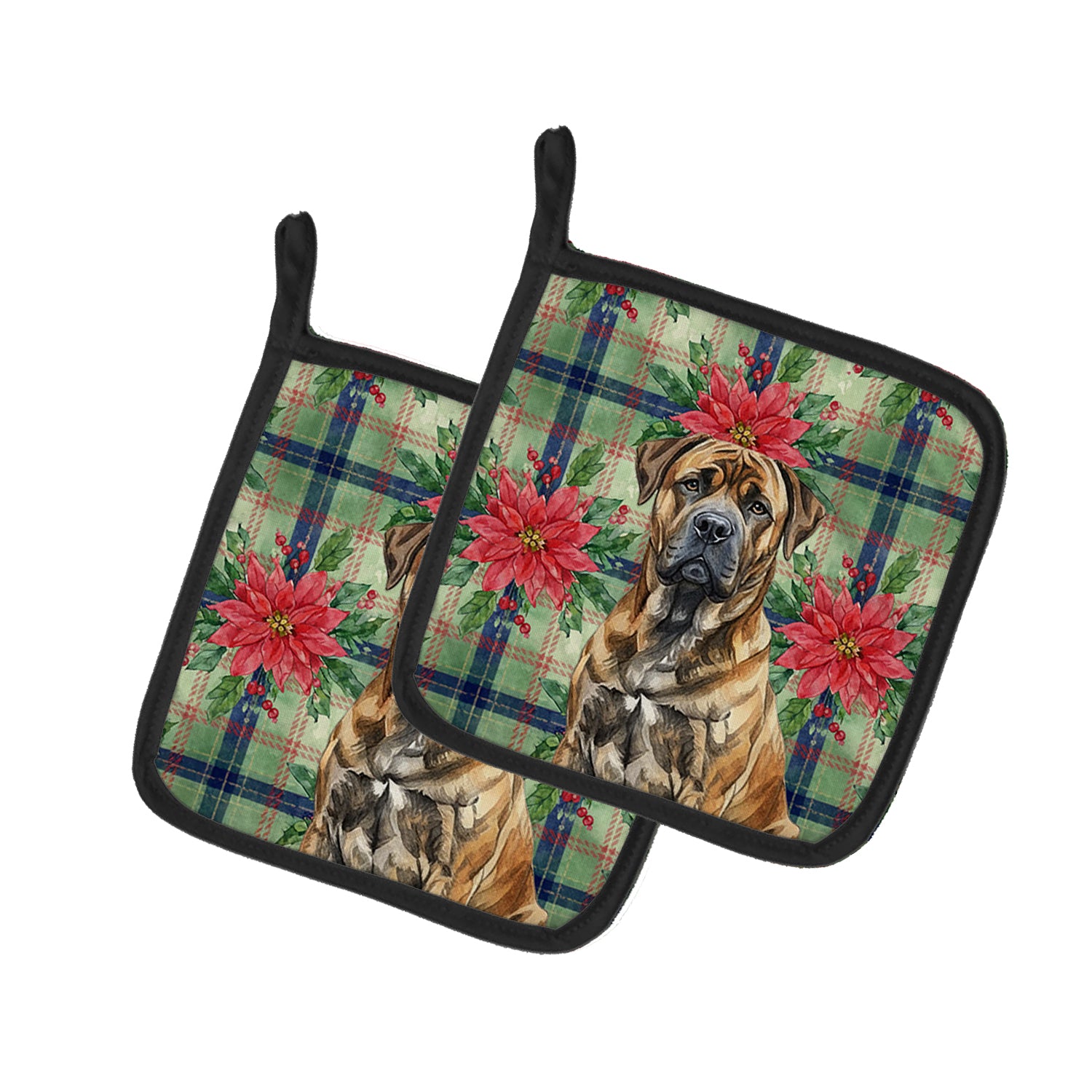 Caroline's Treasures Brindle Boerboel Christmas PoinsettIas Pair of Pot Holders