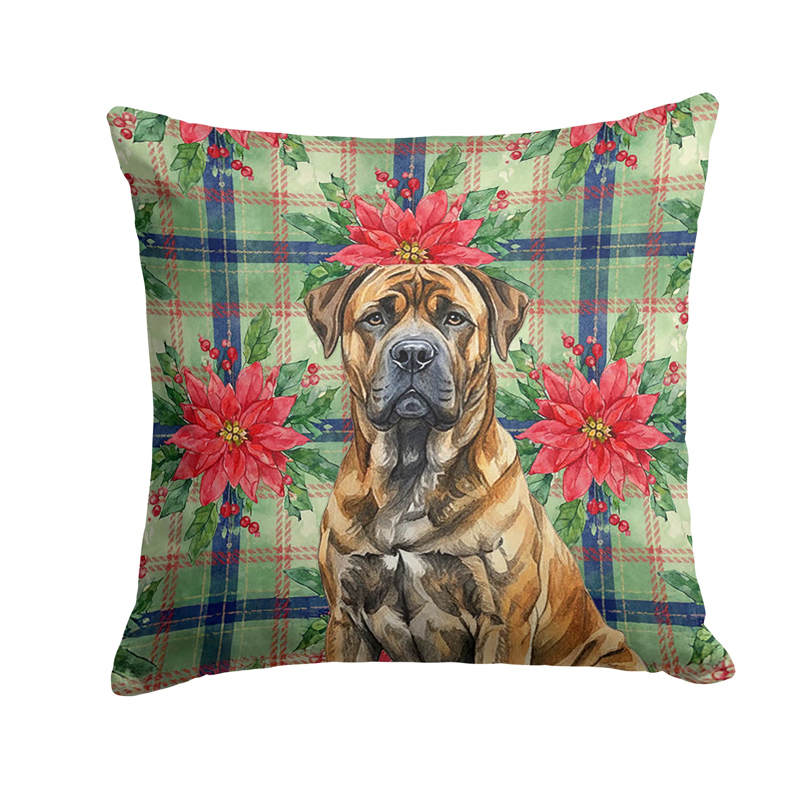 Caroline's Treasures Brindle Boerboel Christmas PoinsettIas Throw Pillow