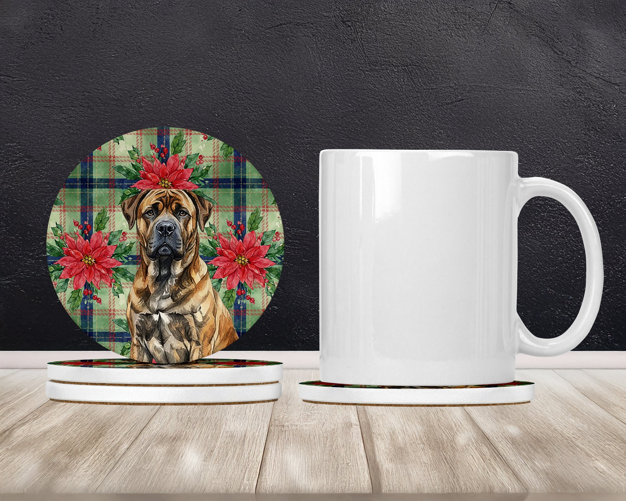 Caroline's Treasures Brindle Boerboel Christmas PoinsettIas Large Sandstone Coasters Pack of 4