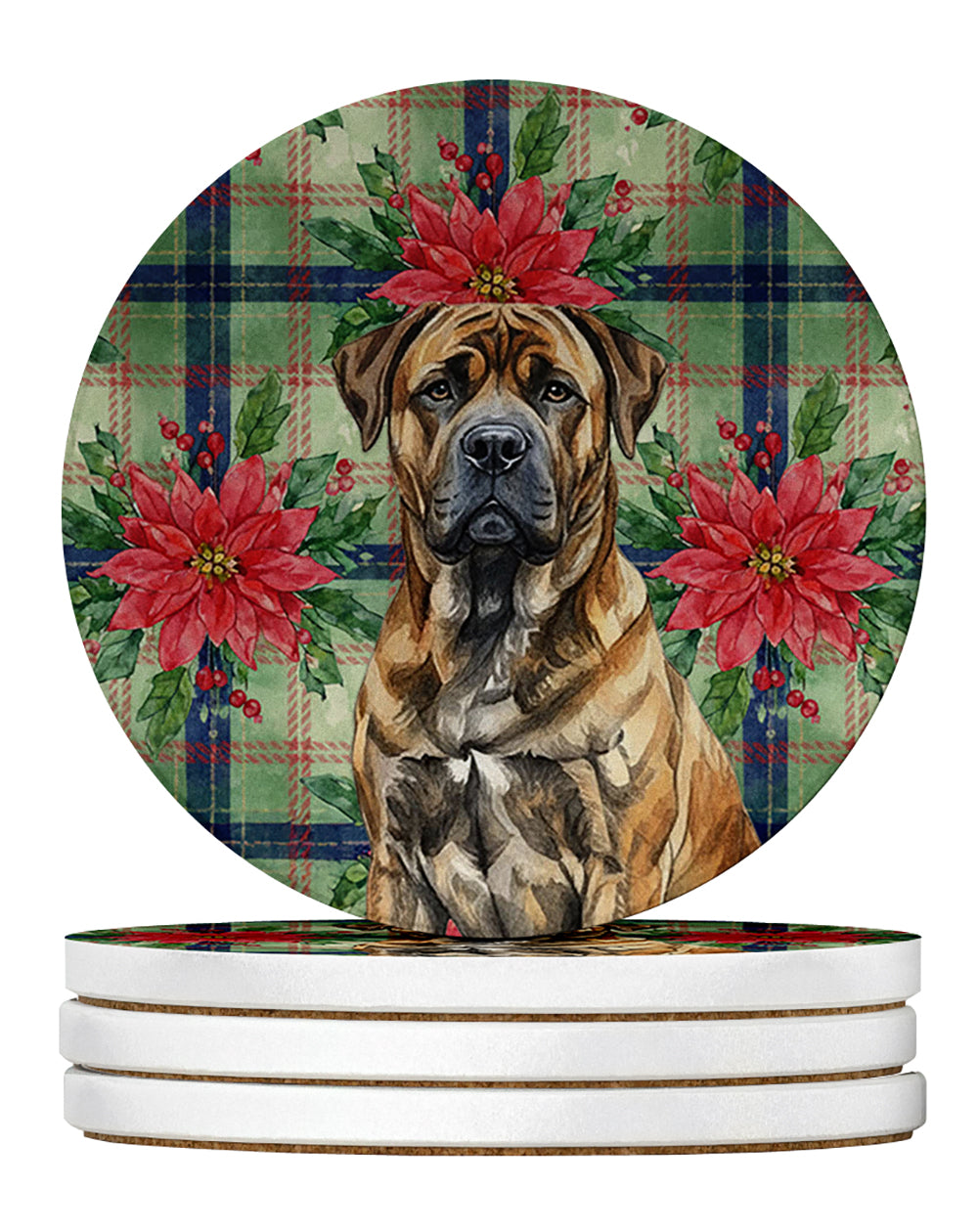 Caroline's Treasures Brindle Boerboel Christmas PoinsettIas Large Sandstone Coasters Pack of 4