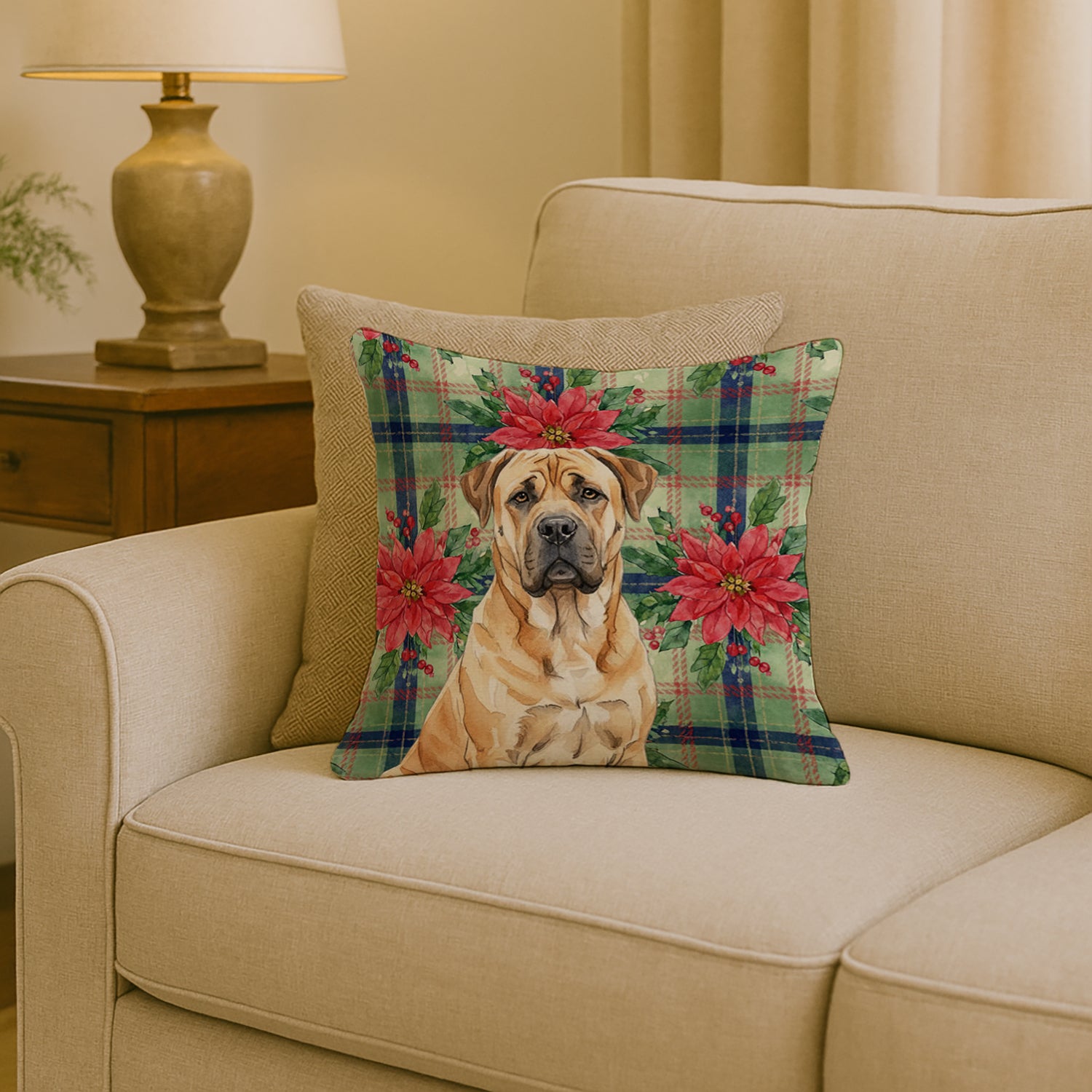 Caroline's Treasures Fawn Boerboel Christmas PoinsettIas Throw Pillow