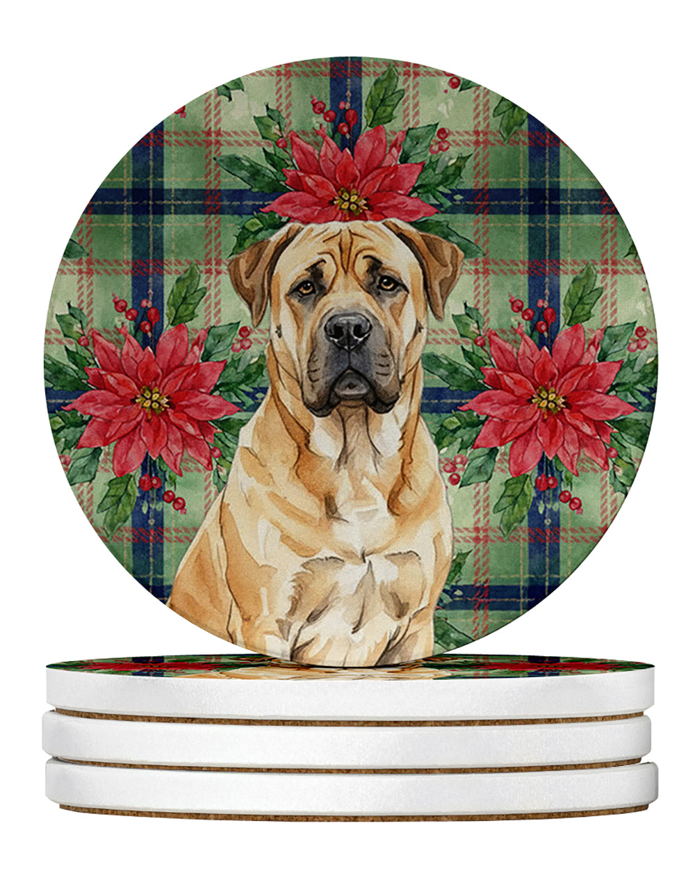 Caroline's Treasures Fawn Boerboel Christmas PoinsettIas Large Sandstone Coasters Pack of 4