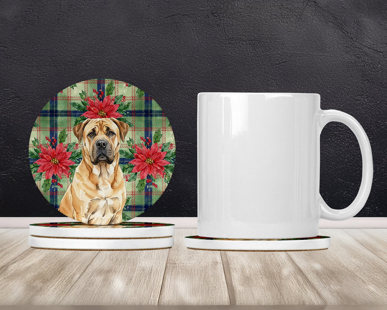 Caroline's Treasures Fawn Boerboel Christmas PoinsettIas Large Sandstone Coasters Pack of 4