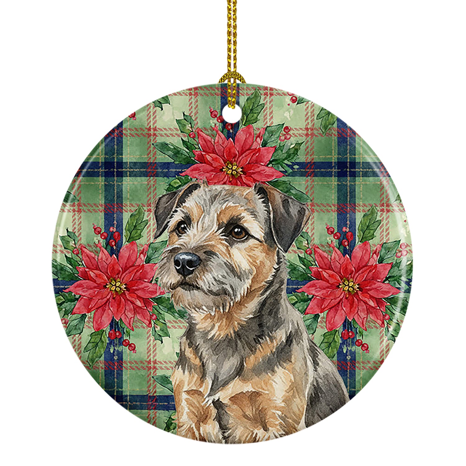 Caroline's Treasures Grizzle and Tan Border Terrier Christmas PoinsettIas Ceramic Ornament