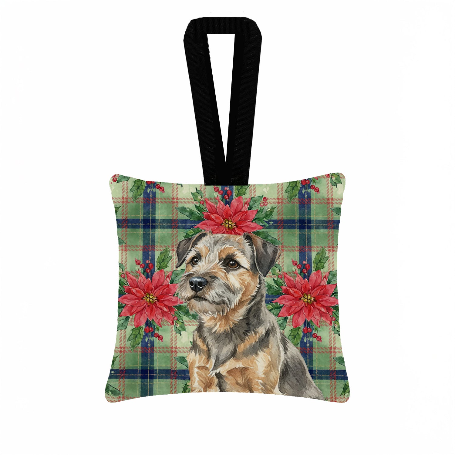 Caroline's Treasures Grizzle and Tan Border Terrier Christmas PoinsettIas Hanging Square Fabric Ornament 3.5 x 3.5