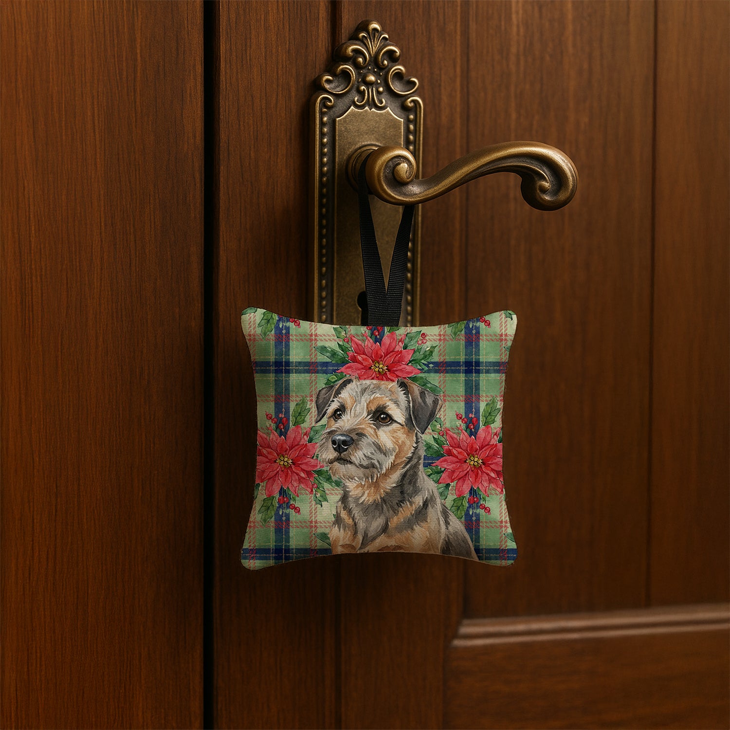 Caroline's Treasures Grizzle and Tan Border Terrier Christmas PoinsettIas Hanging Square Fabric Ornament 3.5 x 3.5