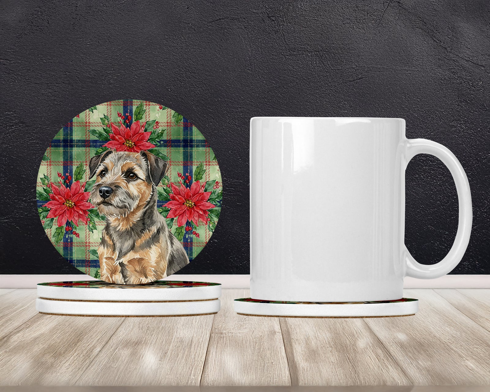 Caroline's Treasures Grizzle and Tan Border Terrier Christmas PoinsettIas Large Sandstone Coasters Pack of 4