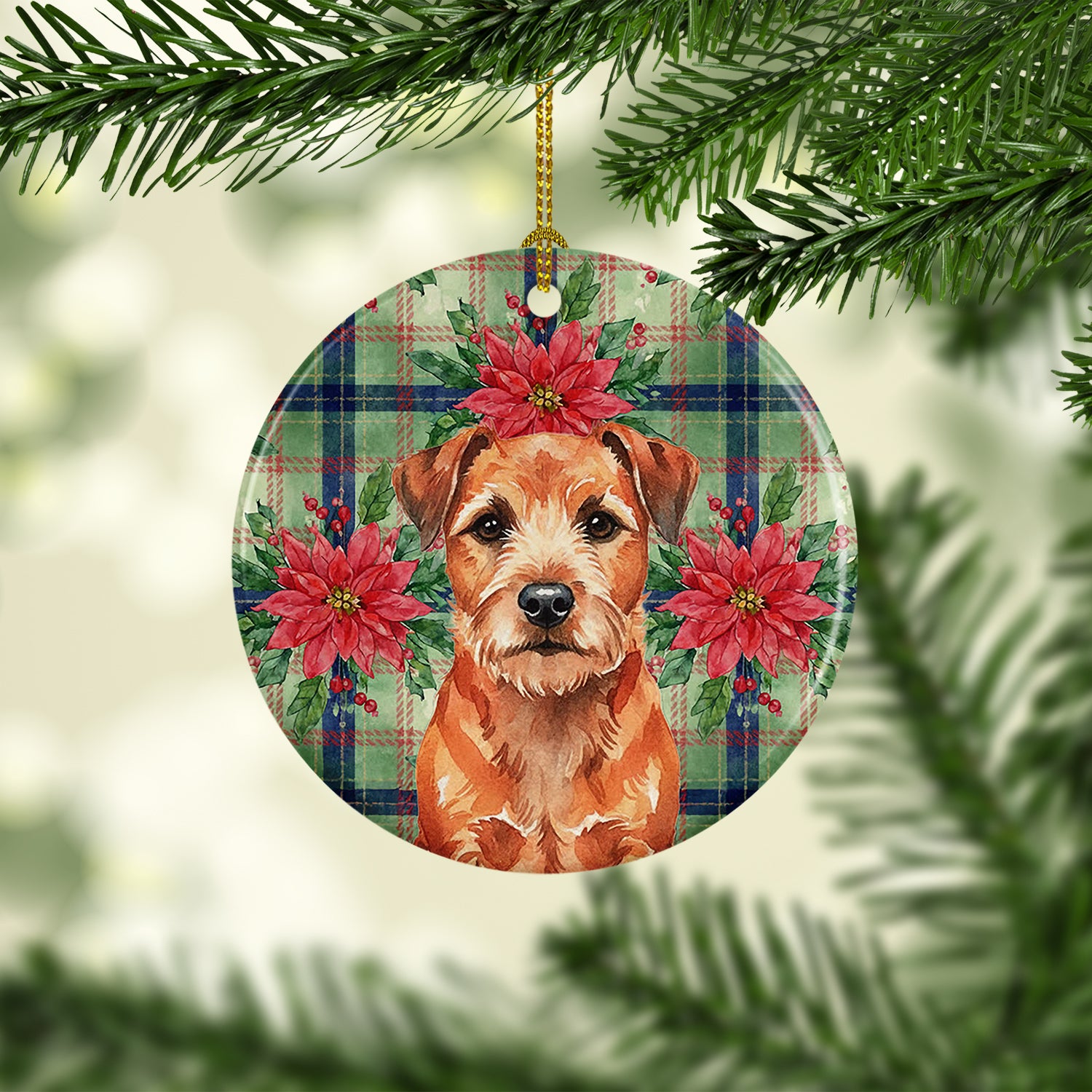 Caroline's Treasures Red Border Terrier Christmas PoinsettIas Ceramic Ornament