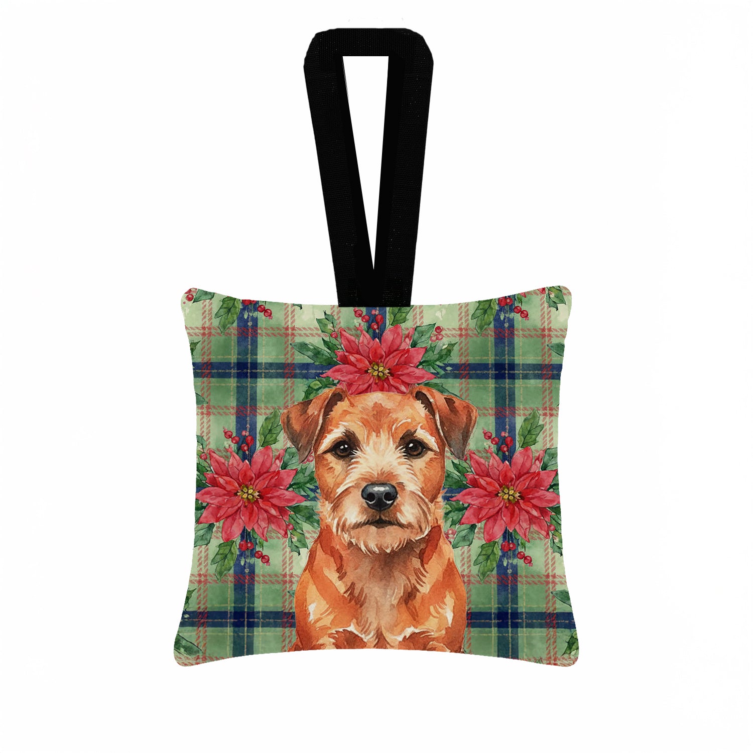 Caroline's Treasures Red Border Terrier Christmas PoinsettIas Hanging Square Fabric Ornament 3.5 x 3.5
