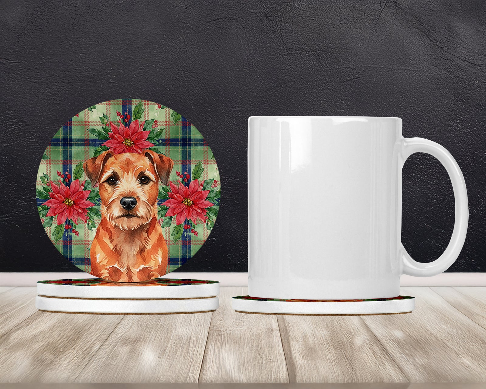 Caroline's Treasures Red Border Terrier Christmas PoinsettIas Large Sandstone Coasters Pack of 4