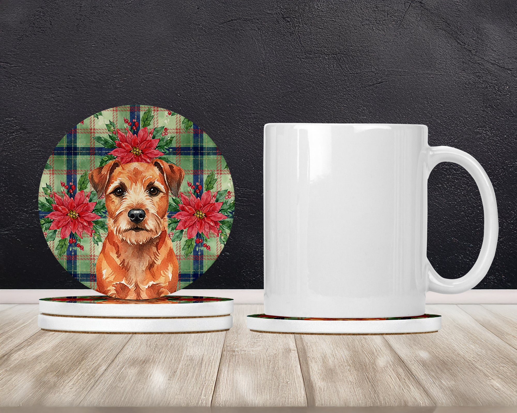 Caroline's Treasures Red Border Terrier Christmas PoinsettIas Large Sandstone Coasters Pack of 4