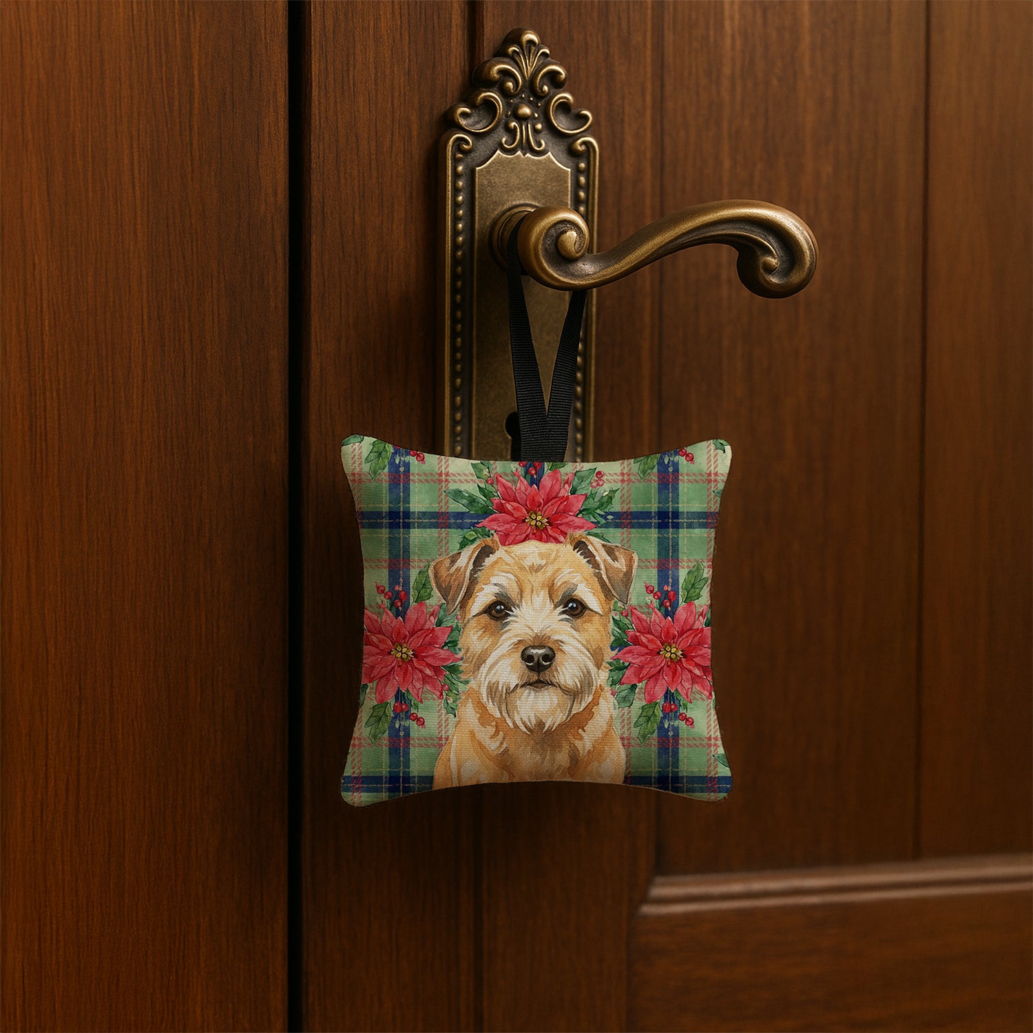 Caroline's Treasures Wheaten Border Terrier Christmas PoinsettIas Hanging Square Fabric Ornament 3.5 x 3.5