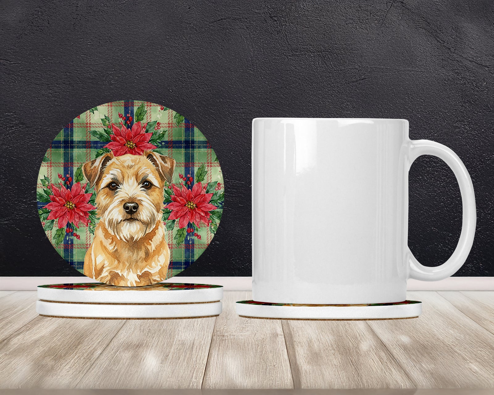 Caroline's Treasures Wheaten Border Terrier Christmas PoinsettIas Large Sandstone Coasters Pack of 4