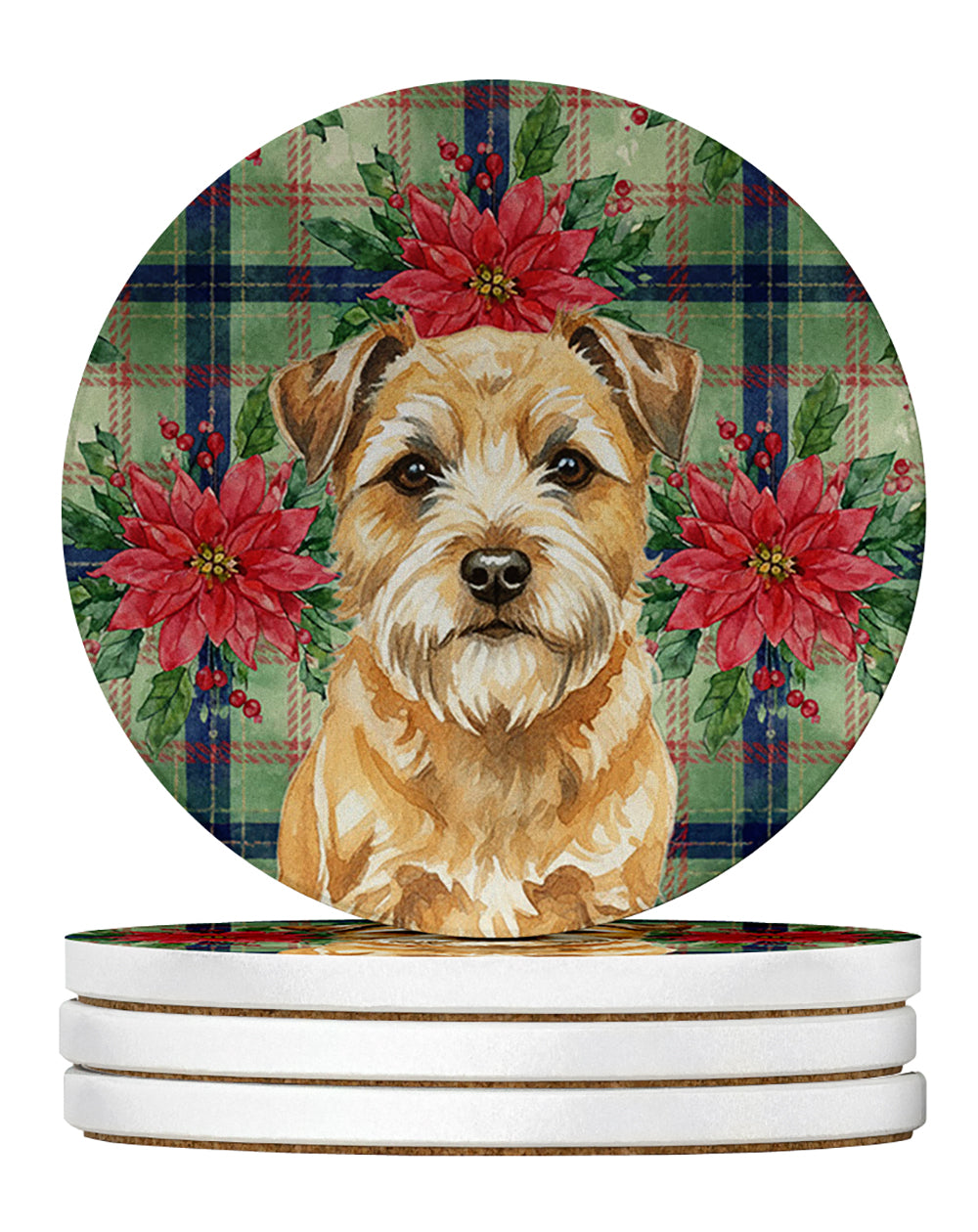 Caroline's Treasures Wheaten Border Terrier Christmas PoinsettIas Large Sandstone Coasters Pack of 4