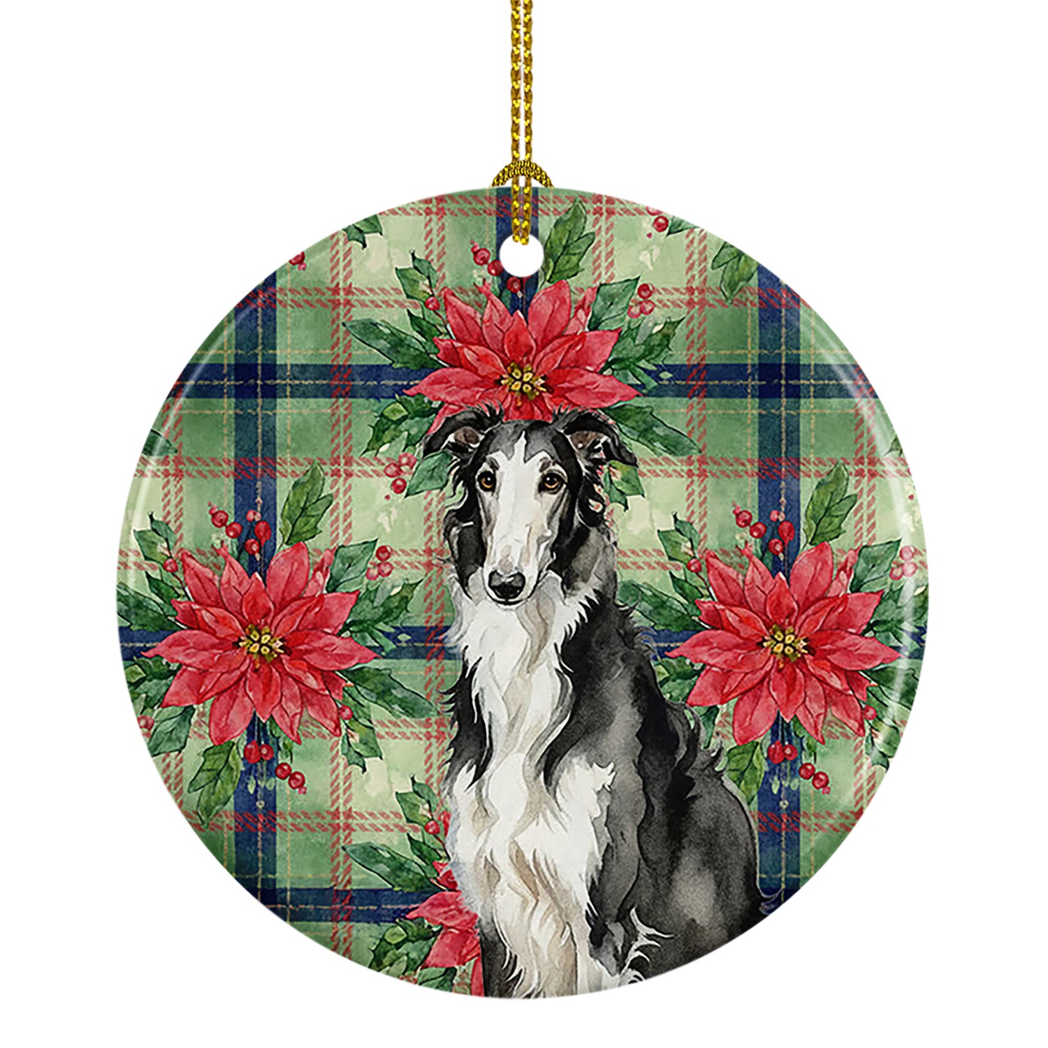 Caroline's Treasures Black and White Borzoi Christmas PoinsettIas Ceramic Ornament