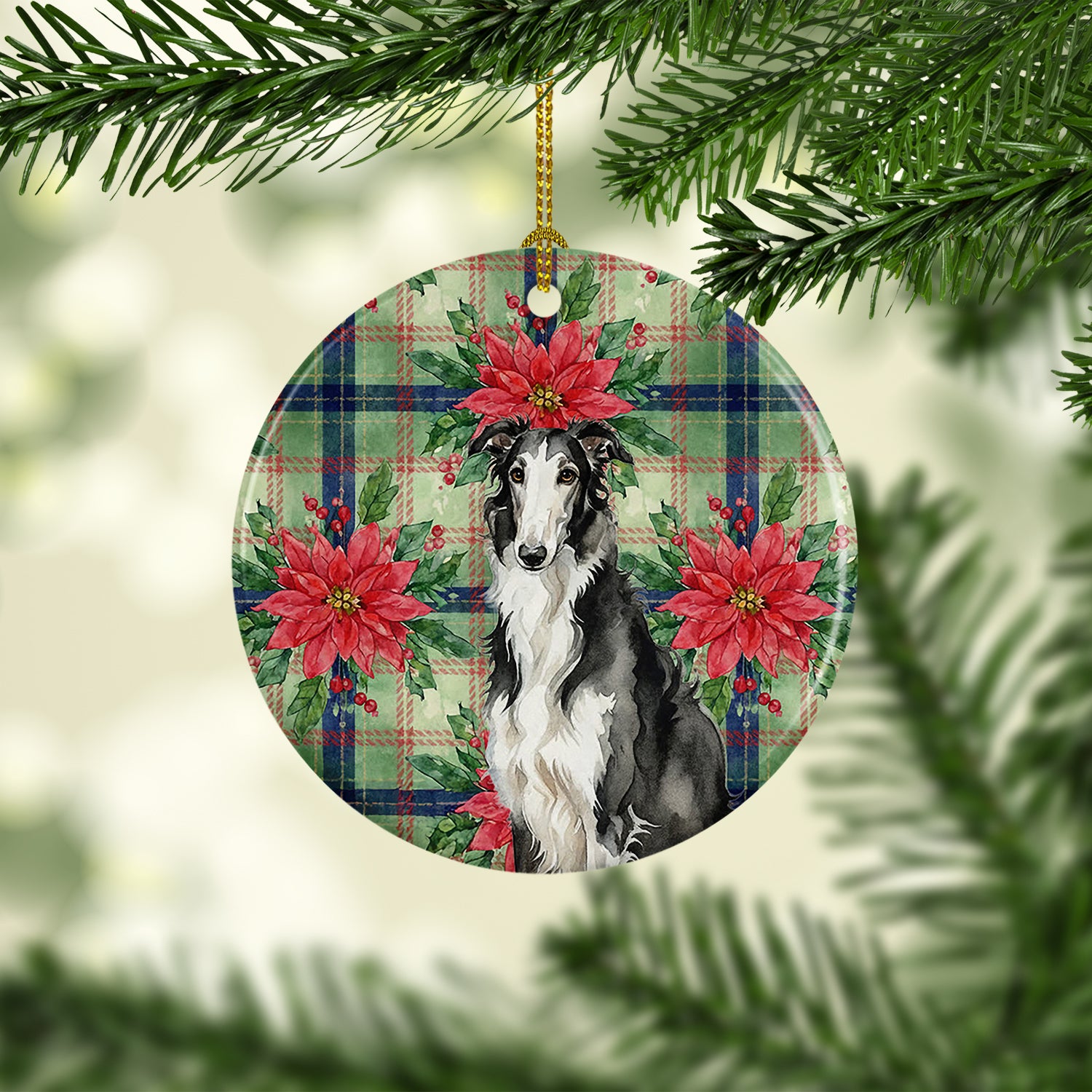 Caroline's Treasures Black and White Borzoi Christmas PoinsettIas Ceramic Ornament