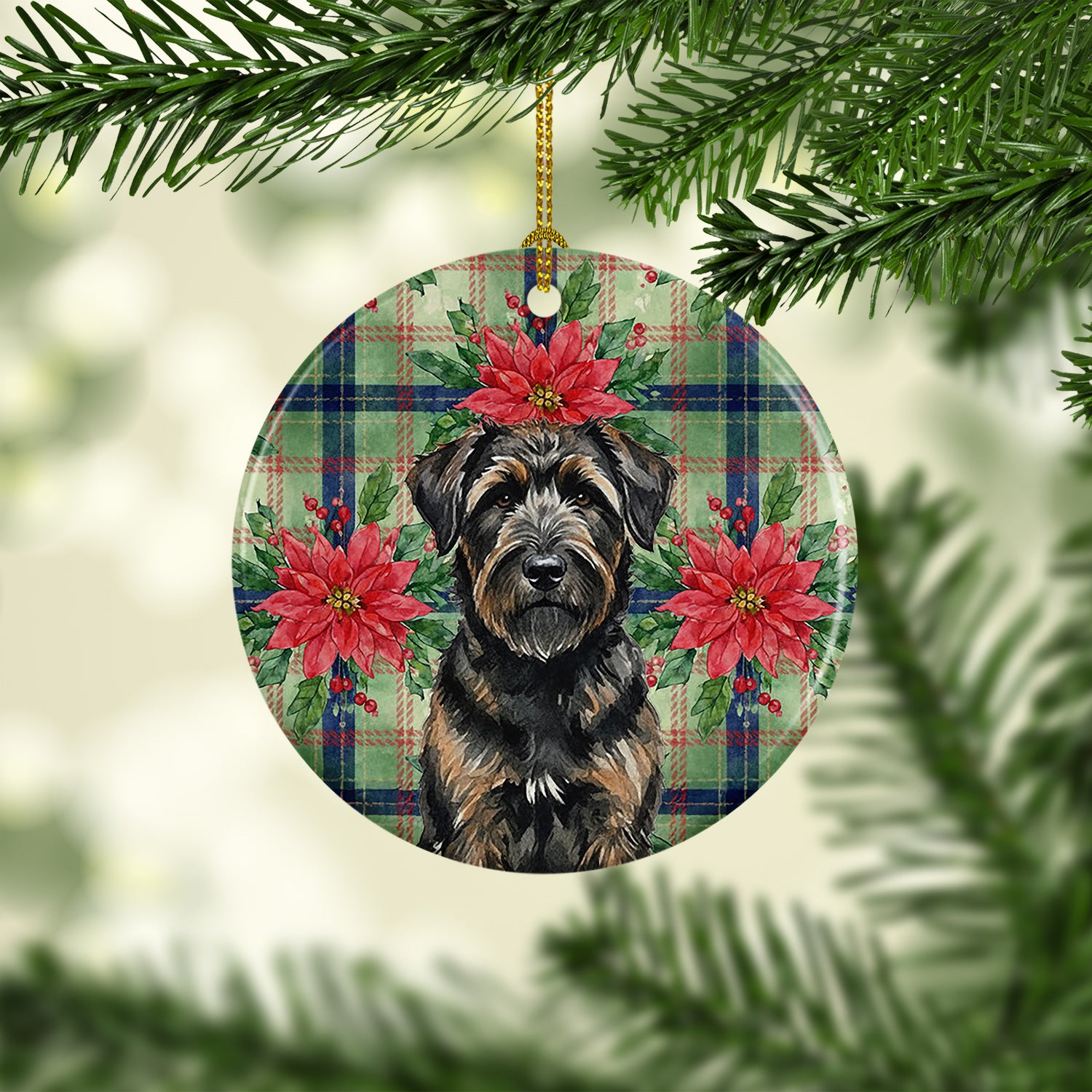 Caroline's Treasures Brindle Bouvier des Flandres Christmas PoinsettIas Ceramic Ornament