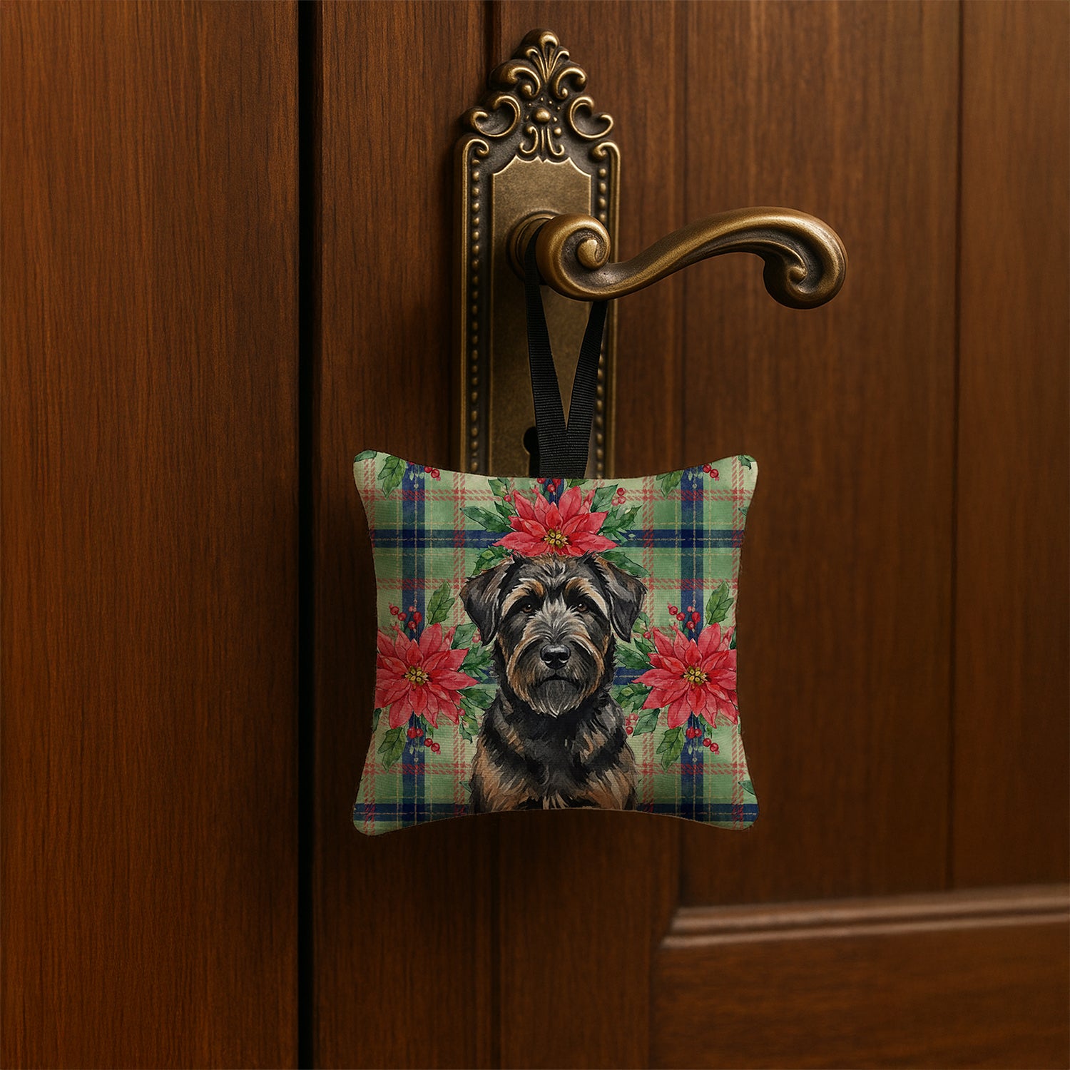 Caroline's Treasures Brindle Bouvier des Flandres Christmas PoinsettIas Hanging Square Fabric Ornament 3.5 x 3.5