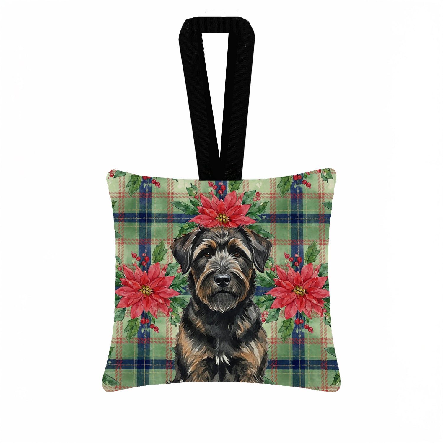 Caroline's Treasures Brindle Bouvier des Flandres Christmas PoinsettIas Hanging Square Fabric Ornament 3.5 x 3.5