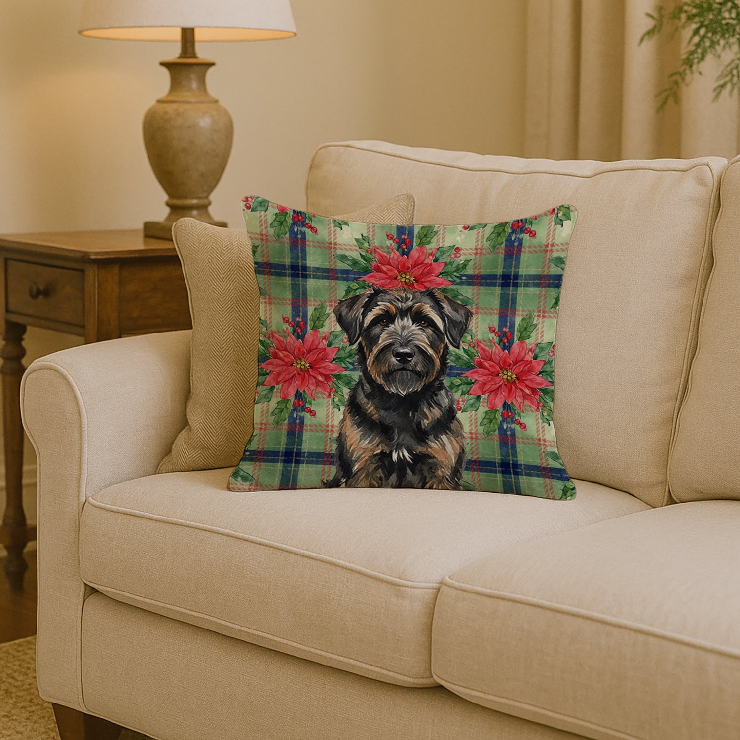 Caroline's Treasures Brindle Bouvier des Flandres Christmas PoinsettIas Throw Pillow