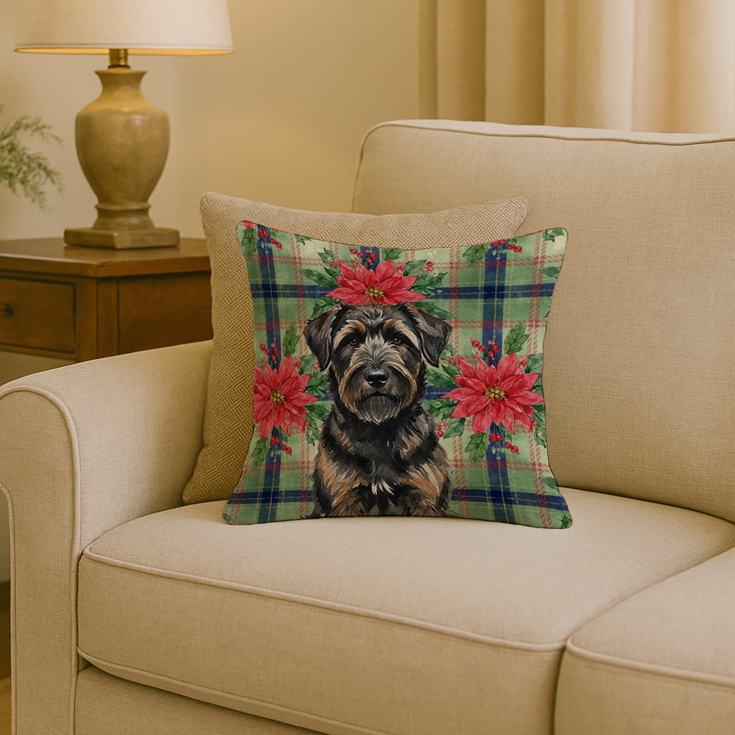Caroline's Treasures Brindle Bouvier des Flandres Christmas PoinsettIas Throw Pillow