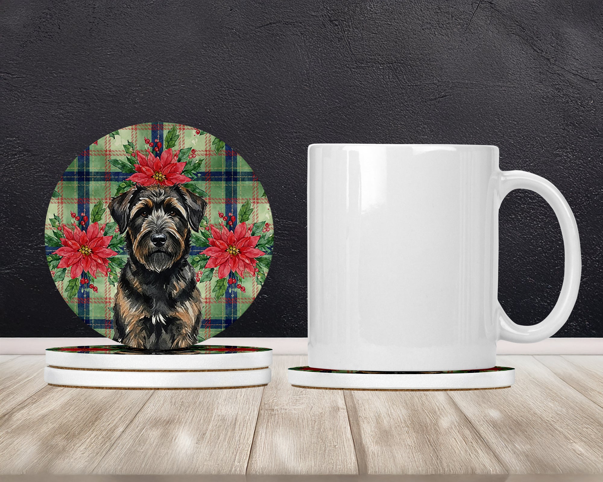 Caroline's Treasures Brindle Bouvier des Flandres Christmas PoinsettIas Large Sandstone Coasters Pack of 4