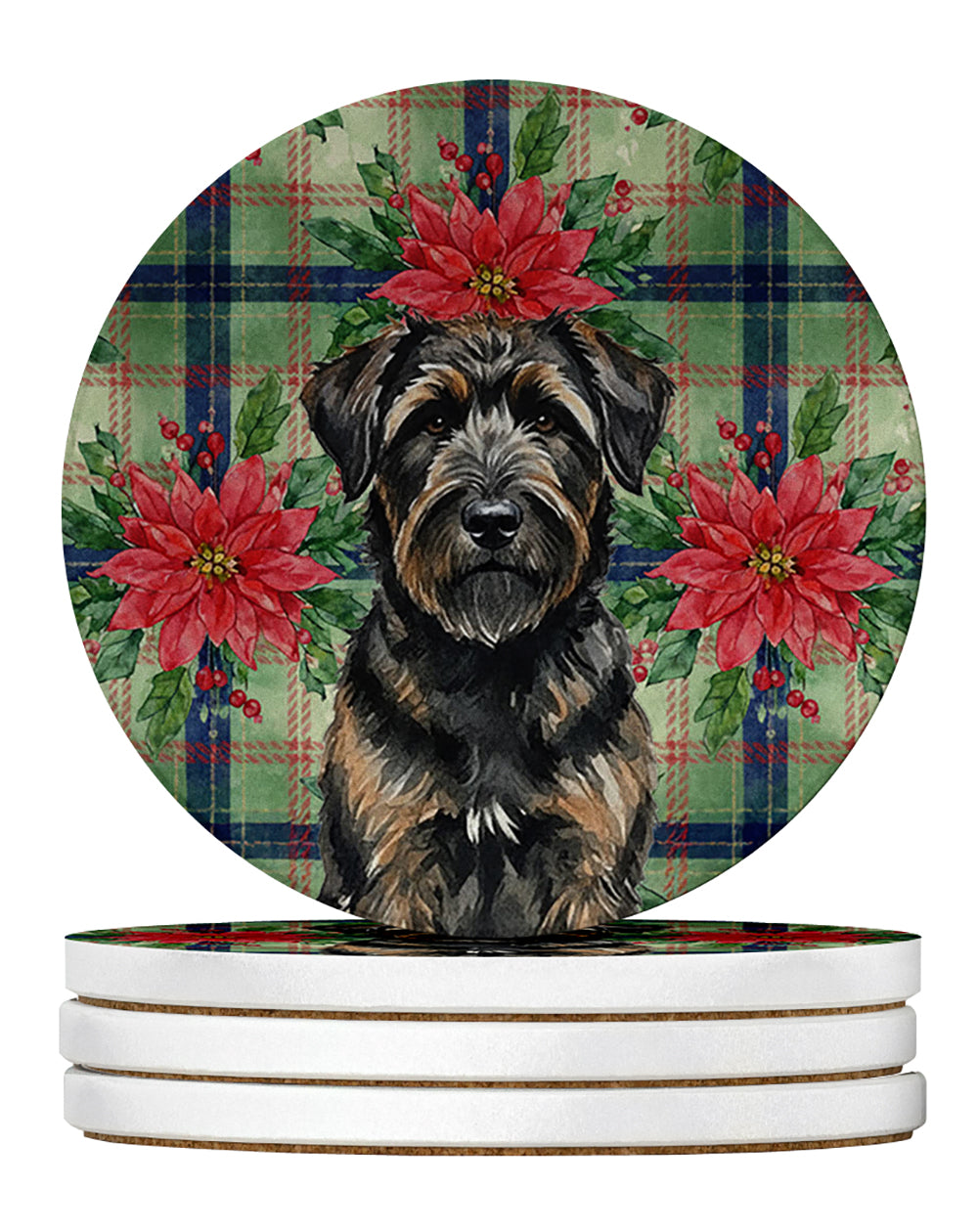 Caroline's Treasures Brindle Bouvier des Flandres Christmas PoinsettIas Large Sandstone Coasters Pack of 4