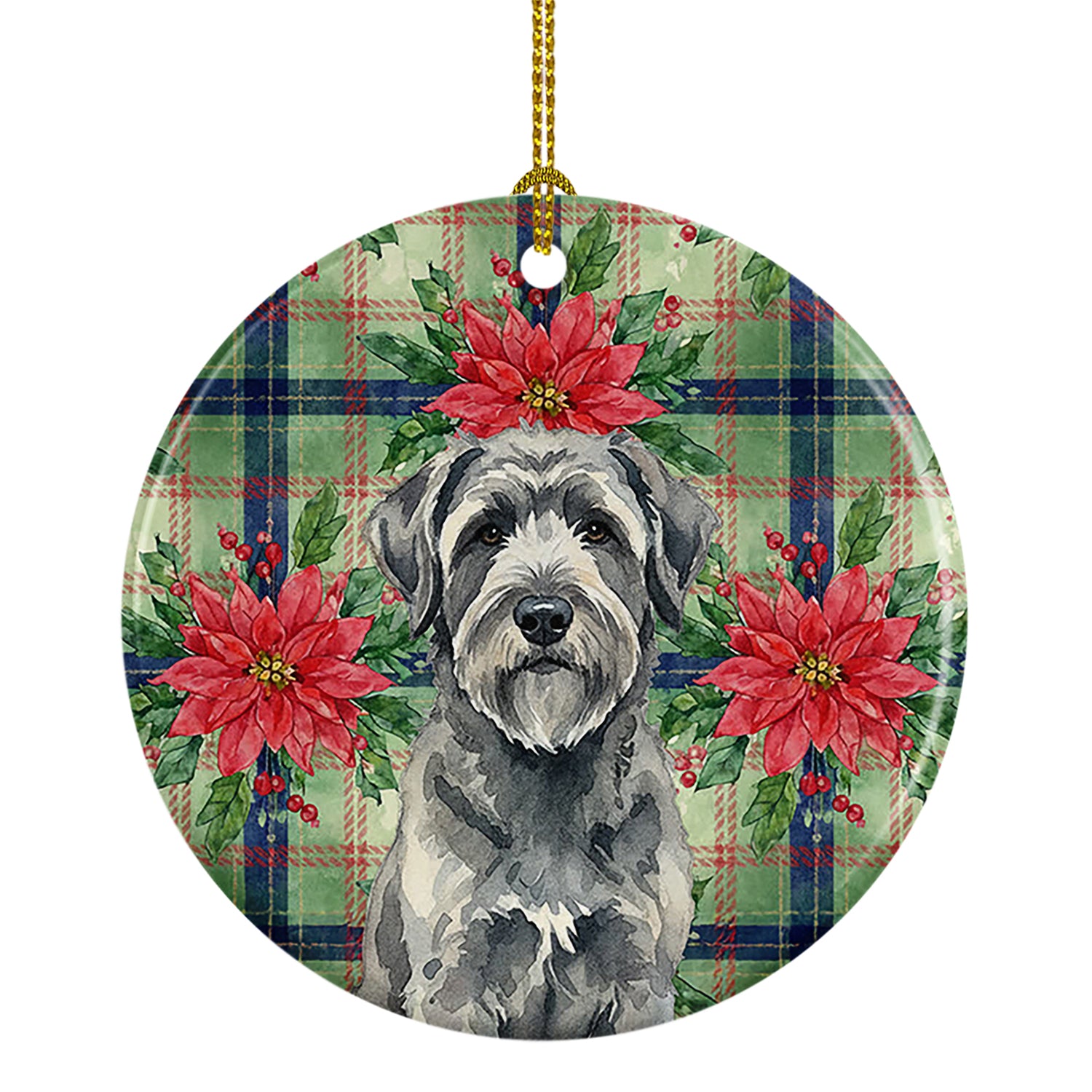 Caroline's Treasures Gray Bouvier des Flandres Christmas PoinsettIas Ceramic Ornament