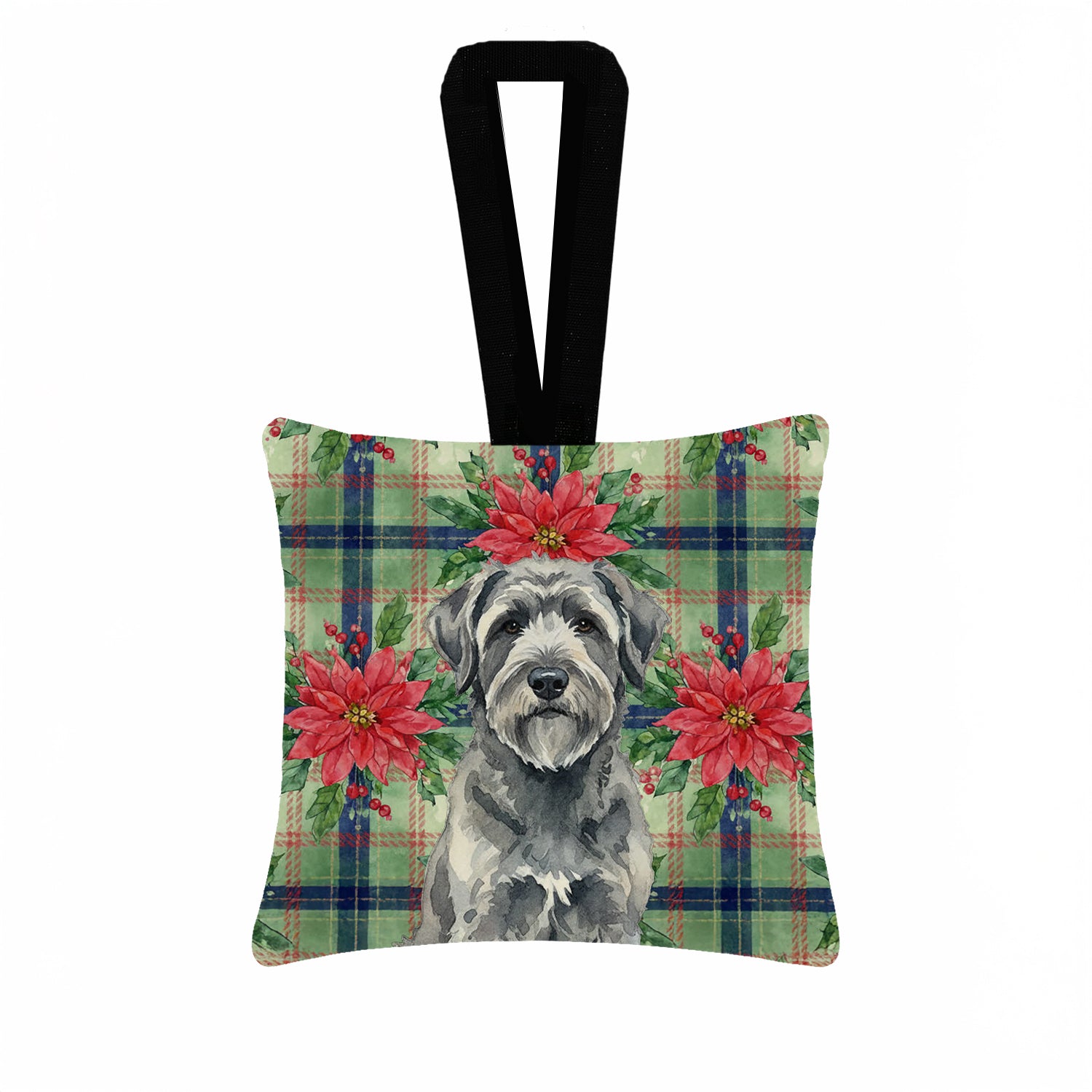 Caroline's Treasures Gray Bouvier des Flandres Christmas PoinsettIas Hanging Square Fabric Ornament 3.5 x 3.5