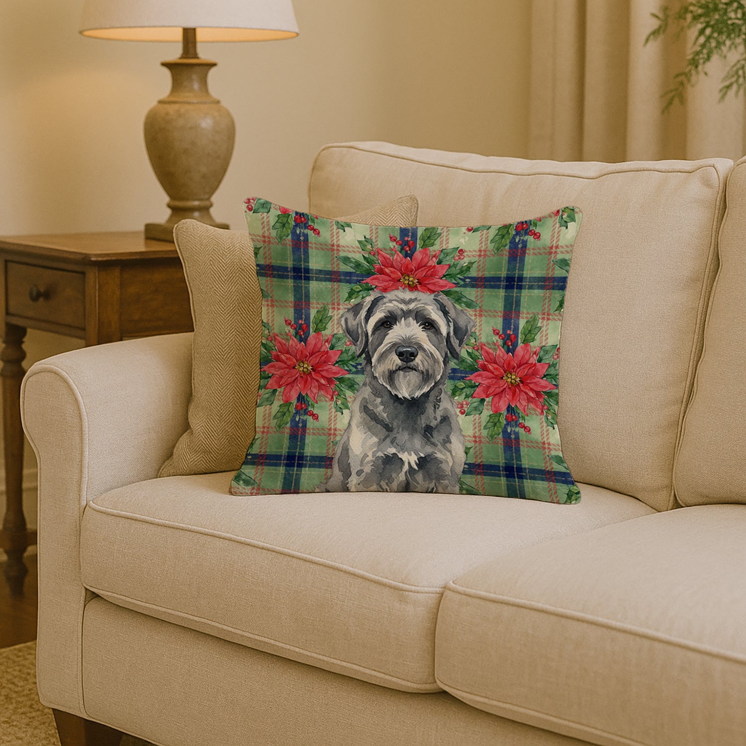 Caroline's Treasures Gray Bouvier des Flandres Christmas PoinsettIas Throw Pillow
