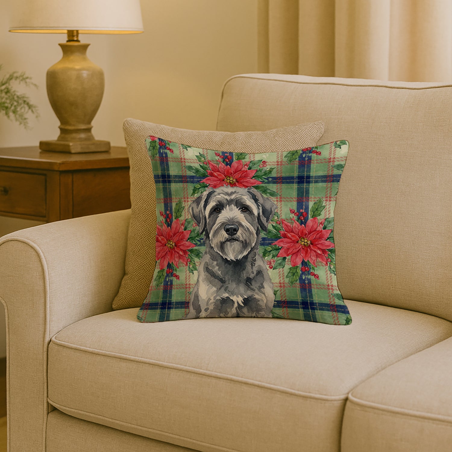 Caroline's Treasures Gray Bouvier des Flandres Christmas PoinsettIas Throw Pillow