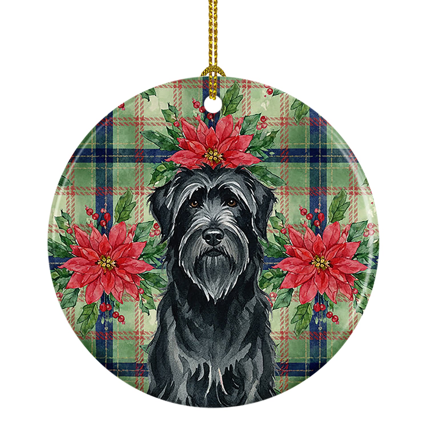 Caroline's Treasures Black Briard Christmas PoinsettIas Ceramic Ornament