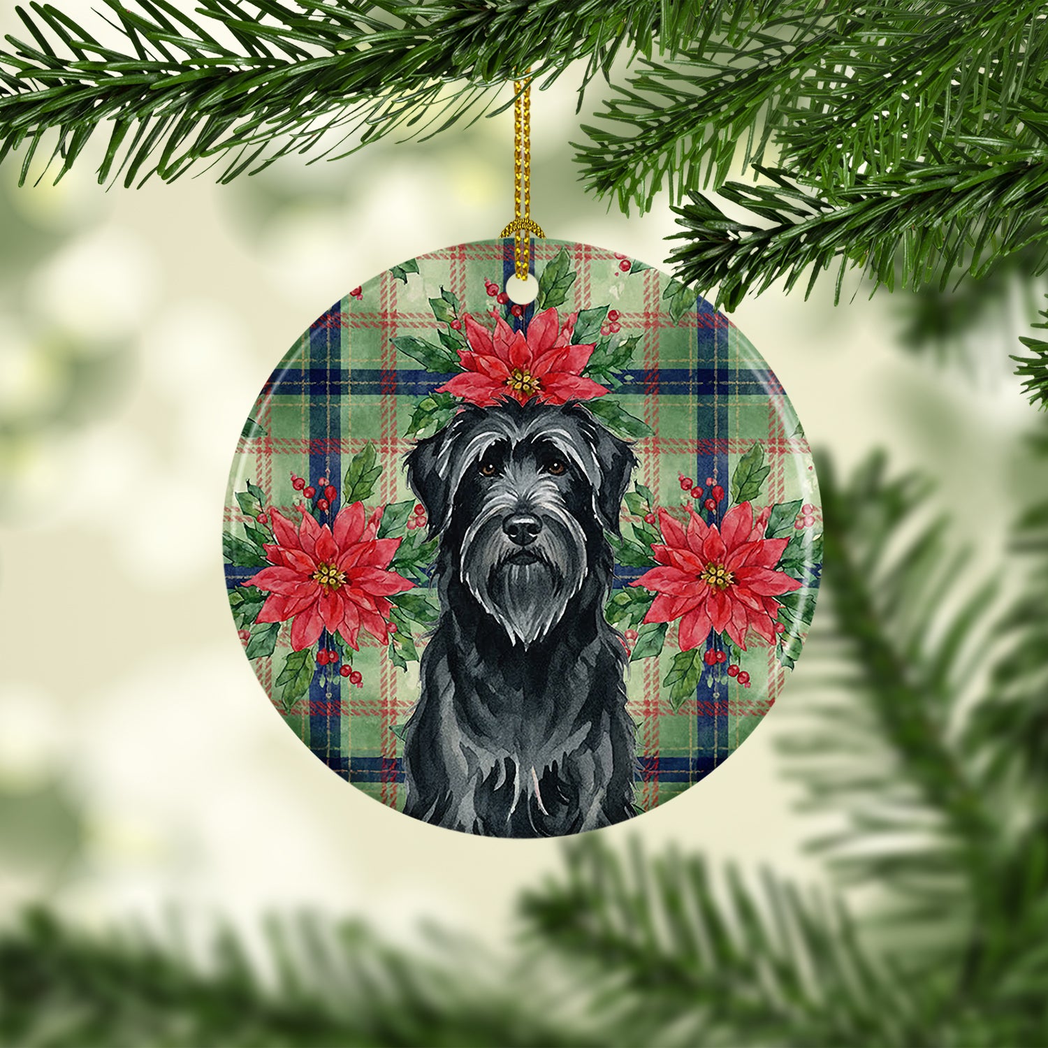 Caroline's Treasures Black Briard Christmas PoinsettIas Ceramic Ornament