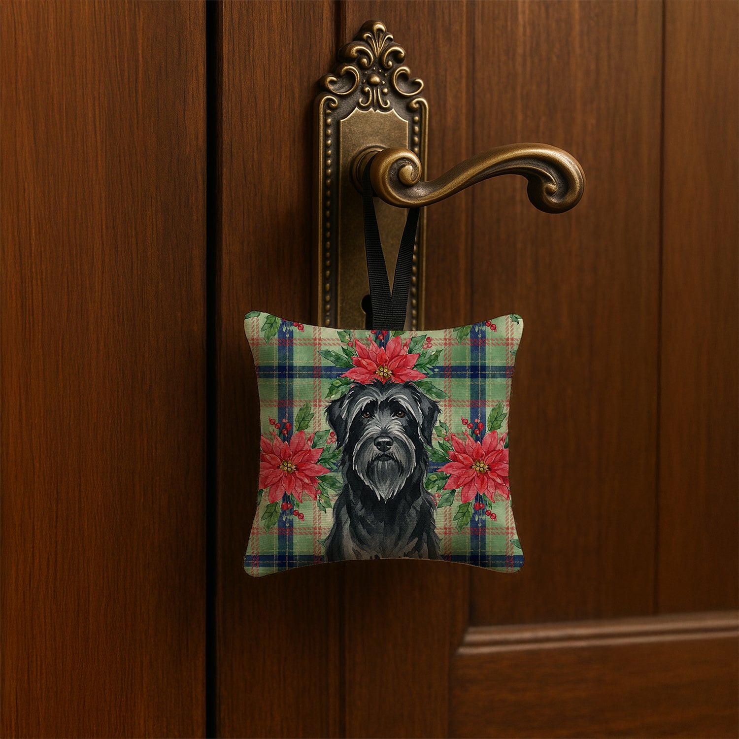 Caroline's Treasures Black Briard Christmas PoinsettIas Hanging Square Fabric Ornament 3.5 x 3.5