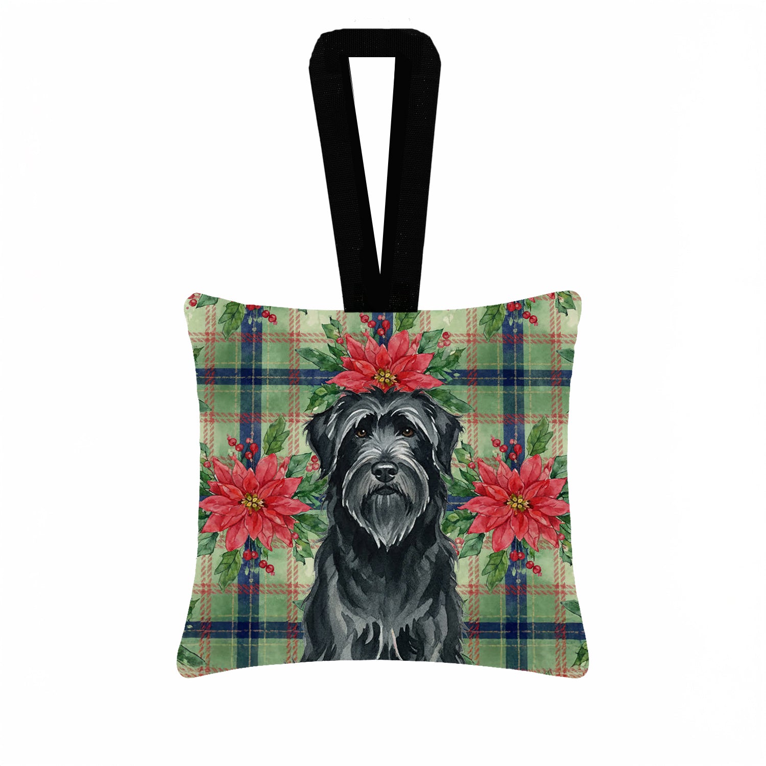 Caroline's Treasures Black Briard Christmas PoinsettIas Hanging Square Fabric Ornament 3.5 x 3.5