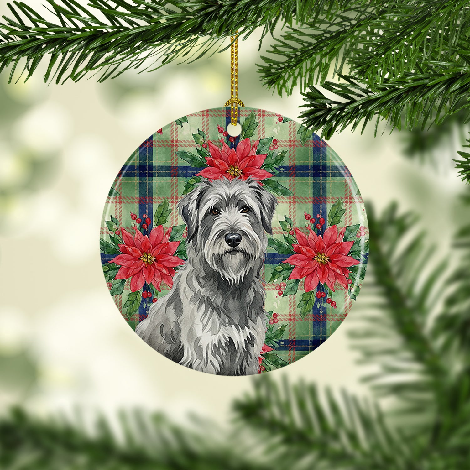 Caroline's Treasures Gray Briard Christmas PoinsettIas Ceramic Ornament