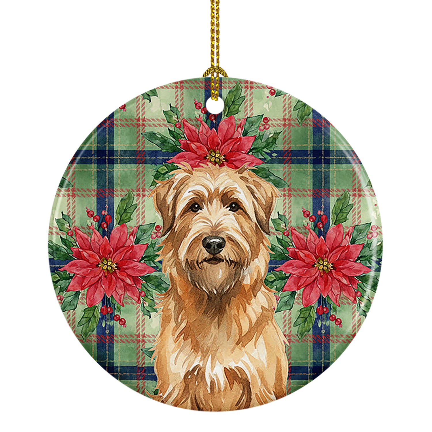 Caroline's Treasures Tawny Briard Christmas PoinsettIas Ceramic Ornament