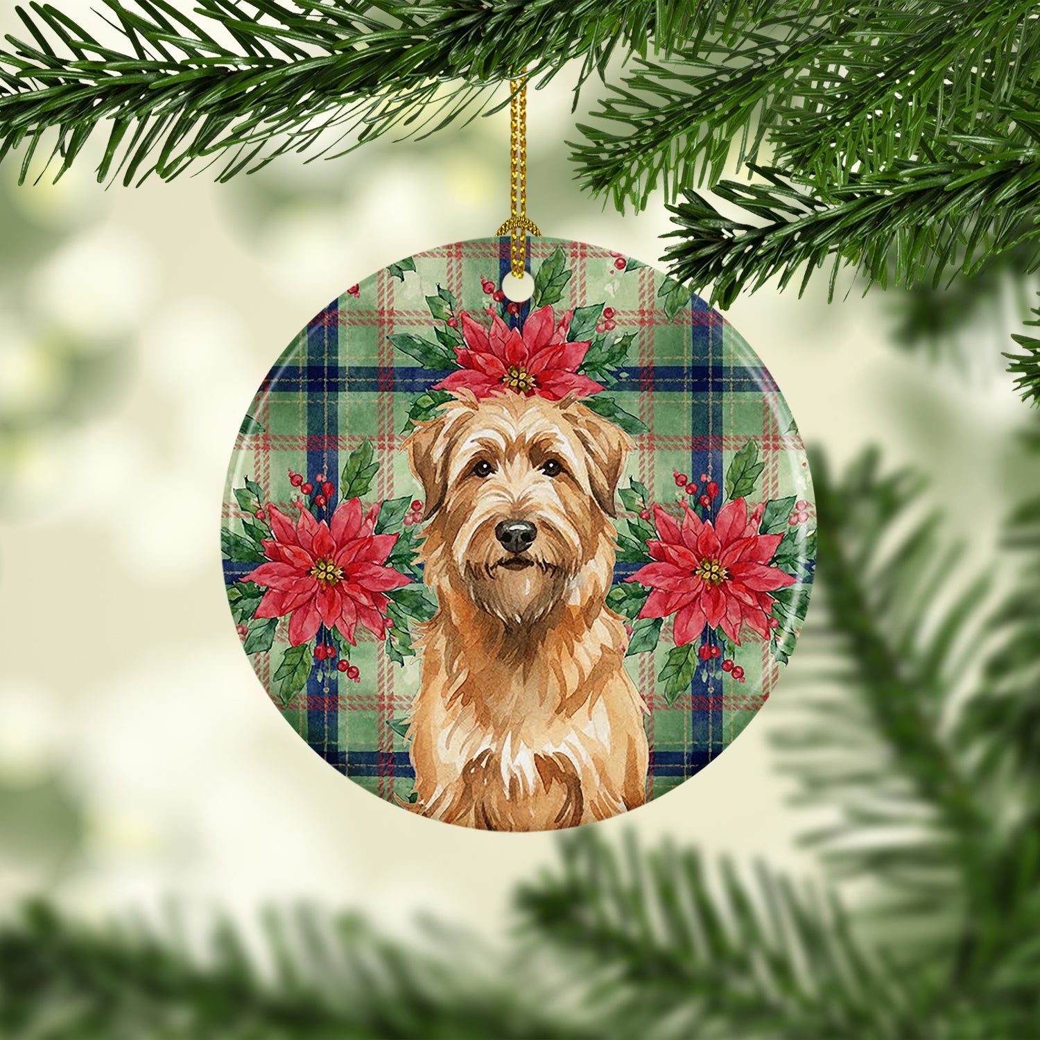 Caroline's Treasures Tawny Briard Christmas PoinsettIas Ceramic Ornament