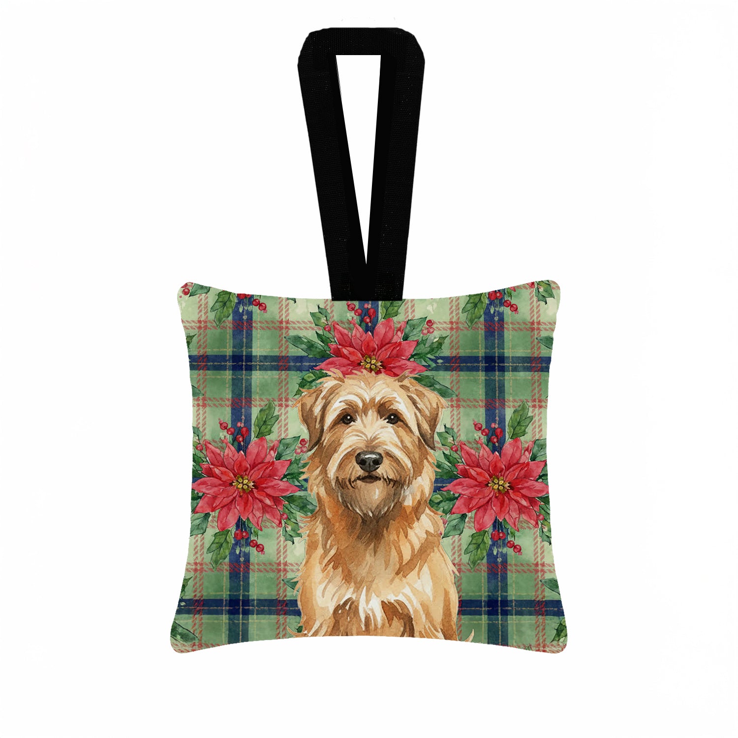 Caroline's Treasures Tawny Briard Christmas PoinsettIas Hanging Square Fabric Ornament 3.5 x 3.5