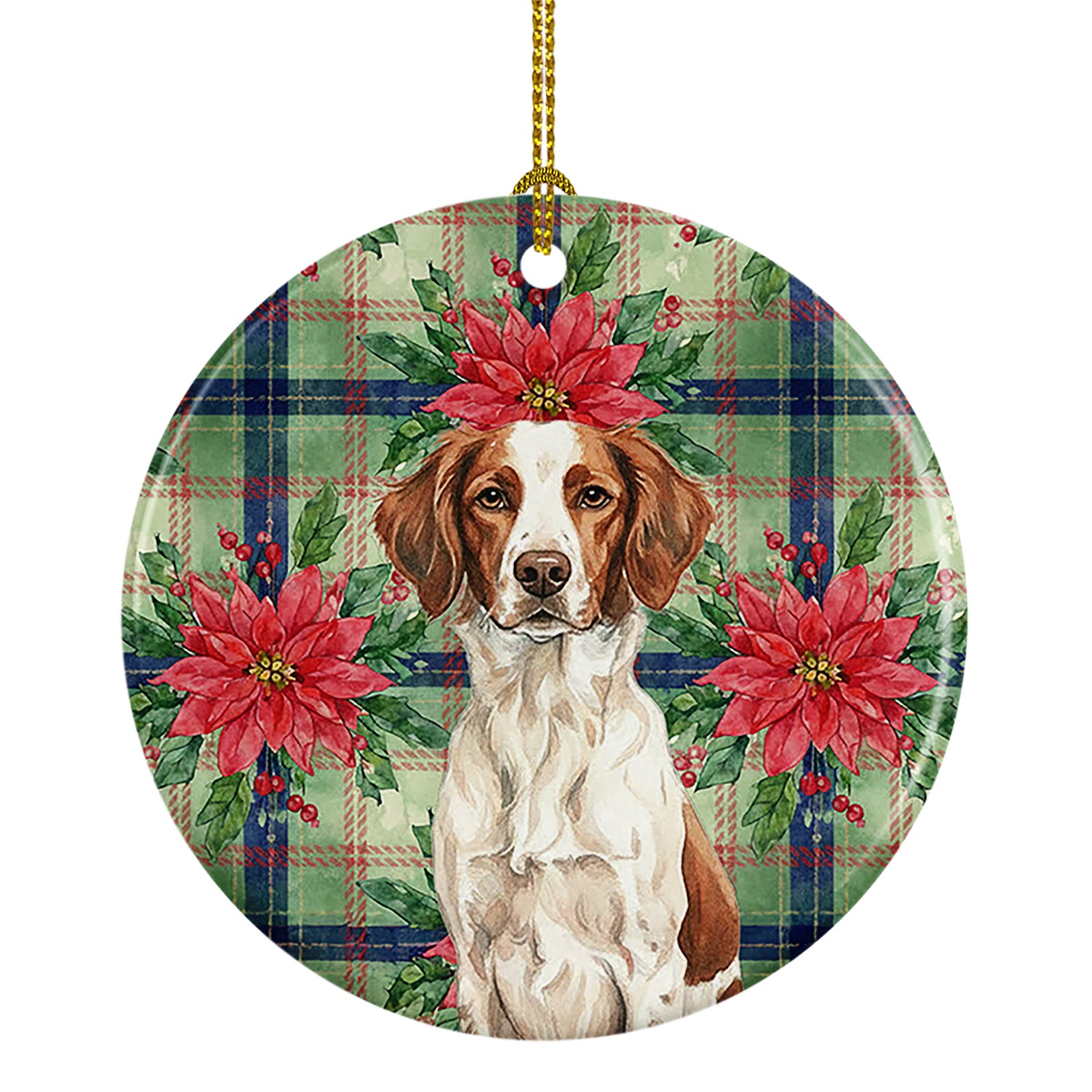 Caroline's Treasures Liver and White Brittany Christmas PoinsettIas Ceramic Ornament