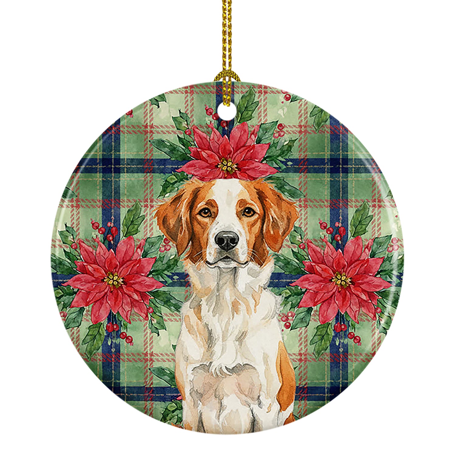 Caroline's Treasures Orange and White Brittany Christmas PoinsettIas Ceramic Ornament