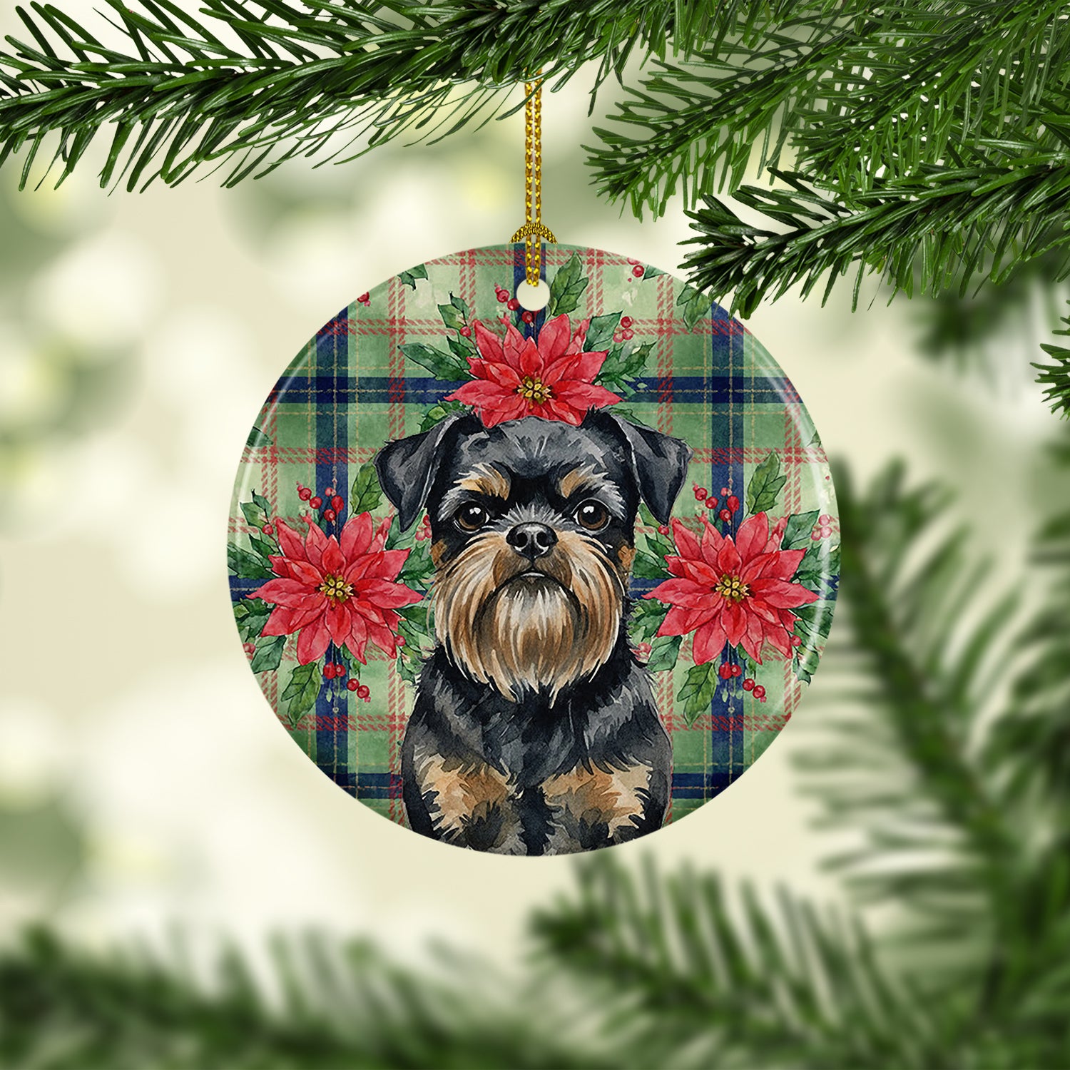 Caroline's Treasures Black and Tan Brussels Griffon Christmas PoinsettIas Ceramic Ornament