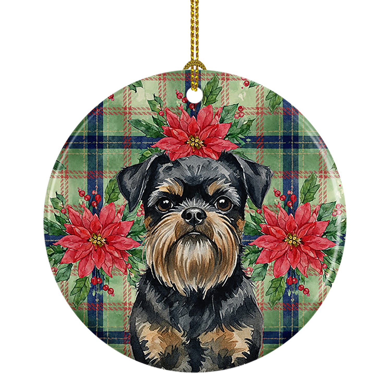 Caroline's Treasures Black and Tan Brussels Griffon Christmas PoinsettIas Ceramic Ornament